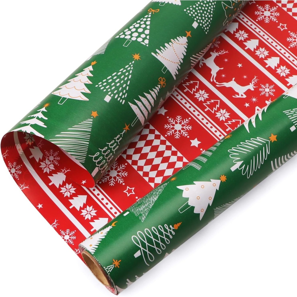 Ribbli Christmas Wrapping Paper Rolls,Mini Roll-17 Inch x 33 Feet-Christmas Woods(Emerald Green/Red)