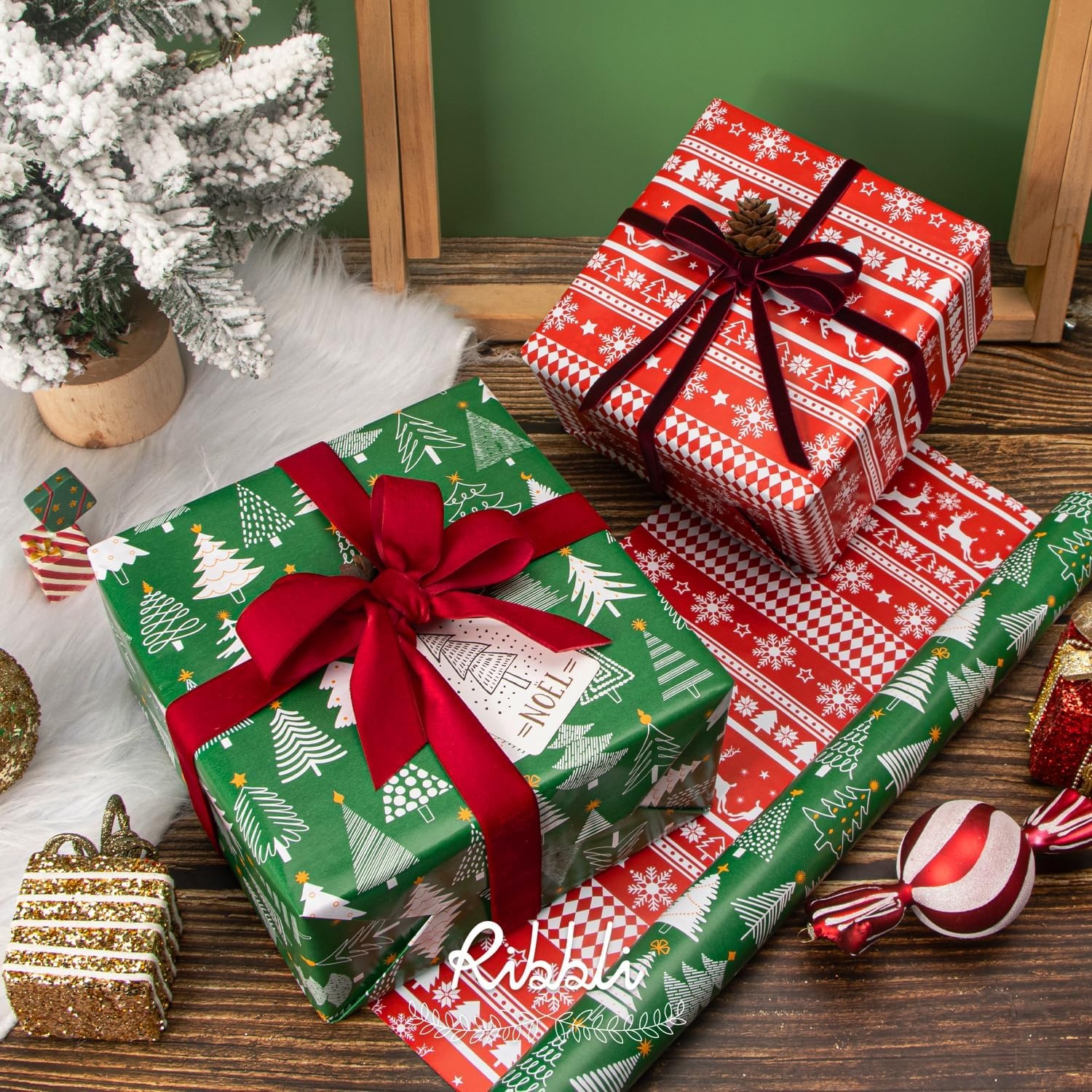 Ribbli Christmas Wrapping Paper Rolls,Mini Roll-17 Inch x 33 Feet-Christmas Woods(Emerald Green/Red)