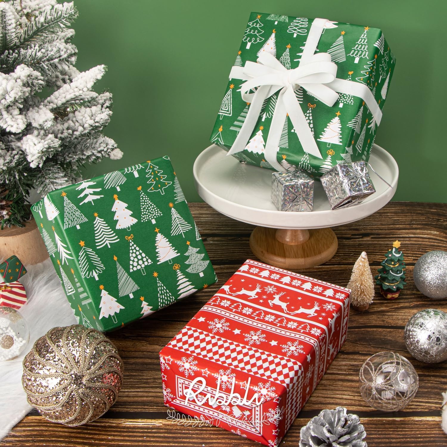 Ribbli Christmas Wrapping Paper Rolls,Mini Roll-17 Inch x 33 Feet-Christmas Woods(Emerald Green/Red)