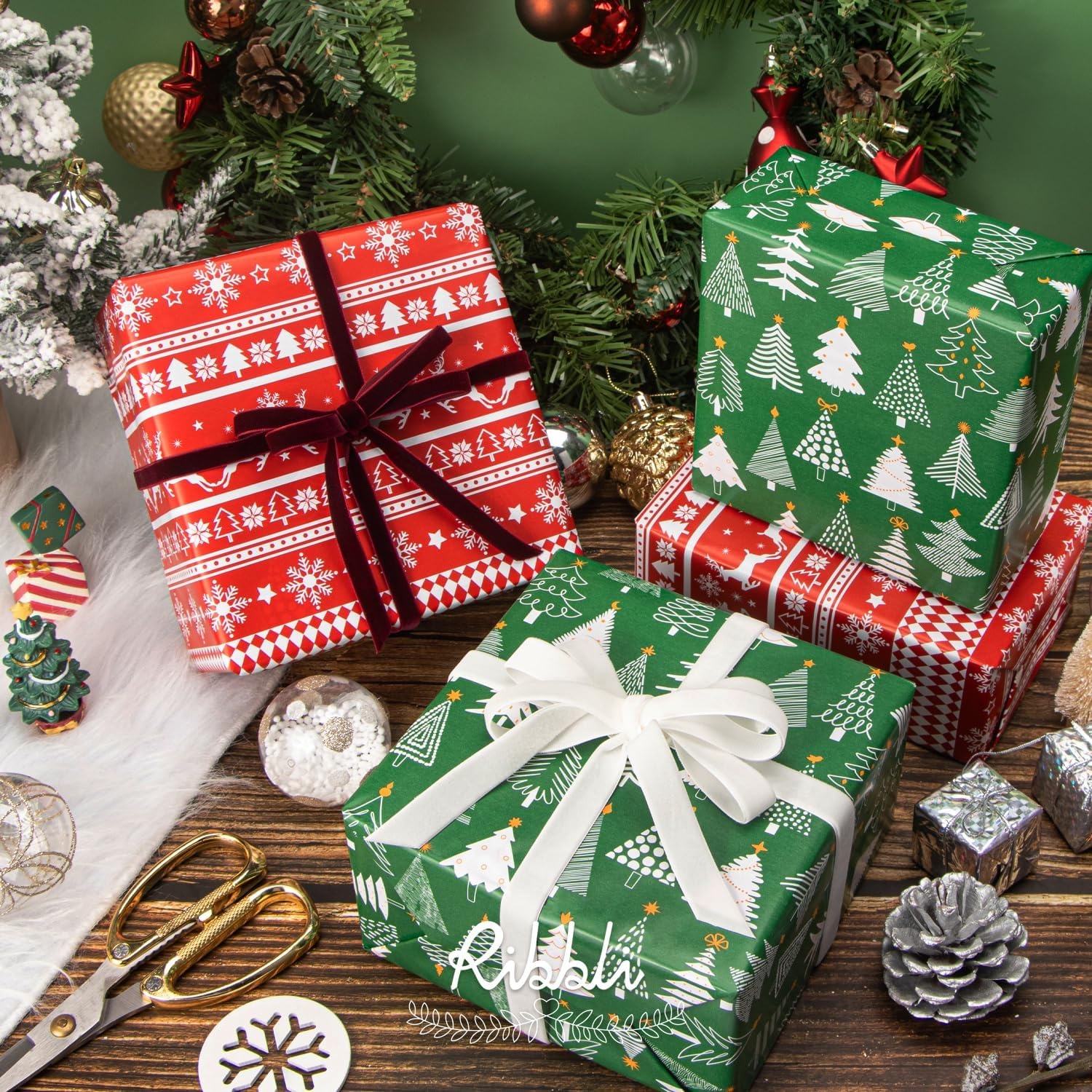 Ribbli Christmas Wrapping Paper Rolls,Mini Roll-17 Inch x 33 Feet-Christmas Woods(Emerald Green/Red)