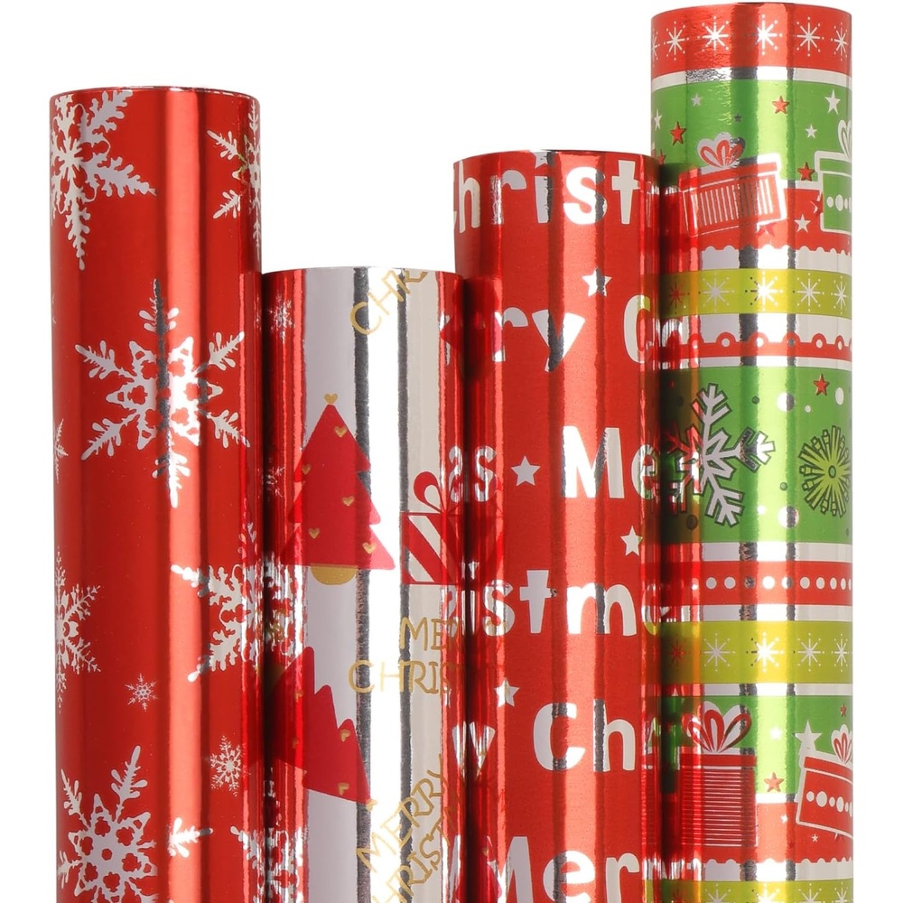 Ribbli Christmas Wrapping Paper 17 Inch Gift Wrapping Paper for Kids 4 Rolls Merry Christmas Santa Claus Snowman Tree Printed Assortment -17 Inch x 10 Feet Per roll(Red/Silver/Green)