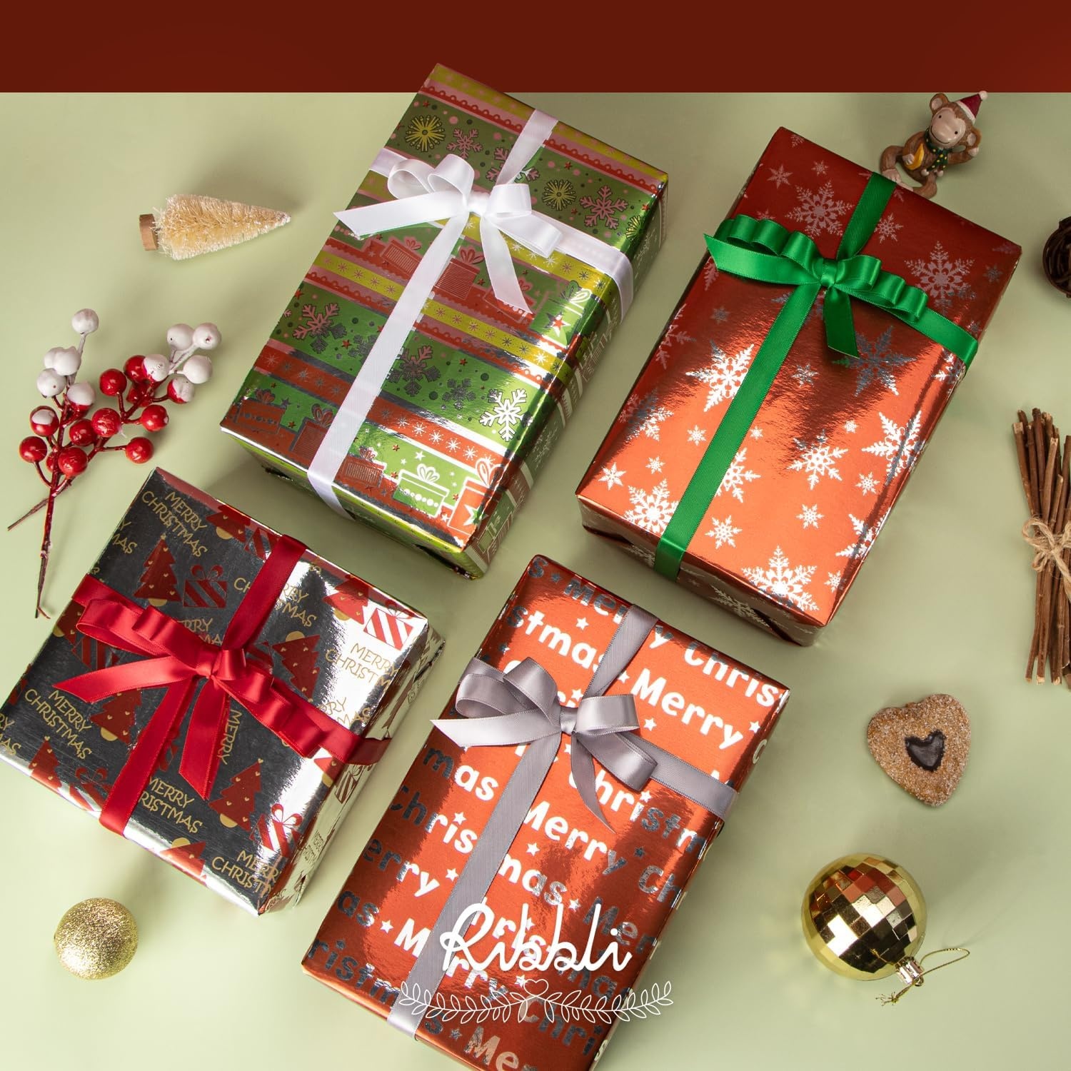 Ribbli Christmas Wrapping Paper 17 Inch Gift Wrapping Paper for Kids 4 Rolls Merry Christmas Santa Claus Snowman Tree Printed Assortment -17 Inch x 10 Feet Per roll(Red/Silver/Green)