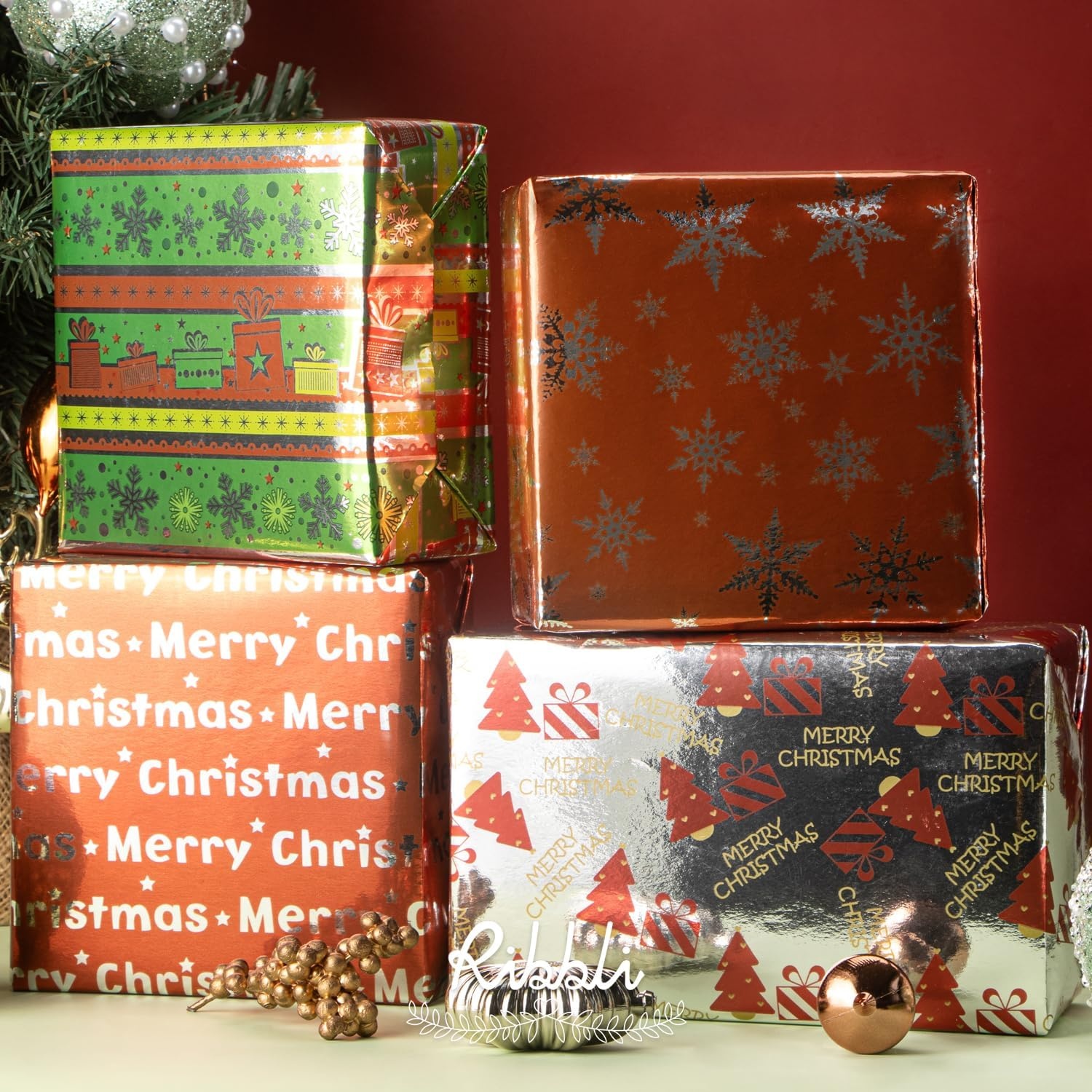 Ribbli Christmas Wrapping Paper 17 Inch Gift Wrapping Paper for Kids 4 Rolls Merry Christmas Santa Claus Snowman Tree Printed Assortment -17 Inch x 10 Feet Per roll(Red/Silver/Green)