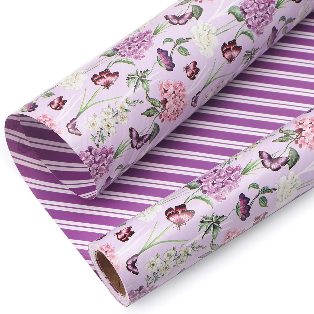 Ribbli Blue Floral Wrapping Paper Reversible Mini Roll, Gift Wrap for Wedding Bridal shower Birthday Mothers Day Women Girls Anniversary, 17 Inch x 33 Feet – Dusty Blue(Purple)