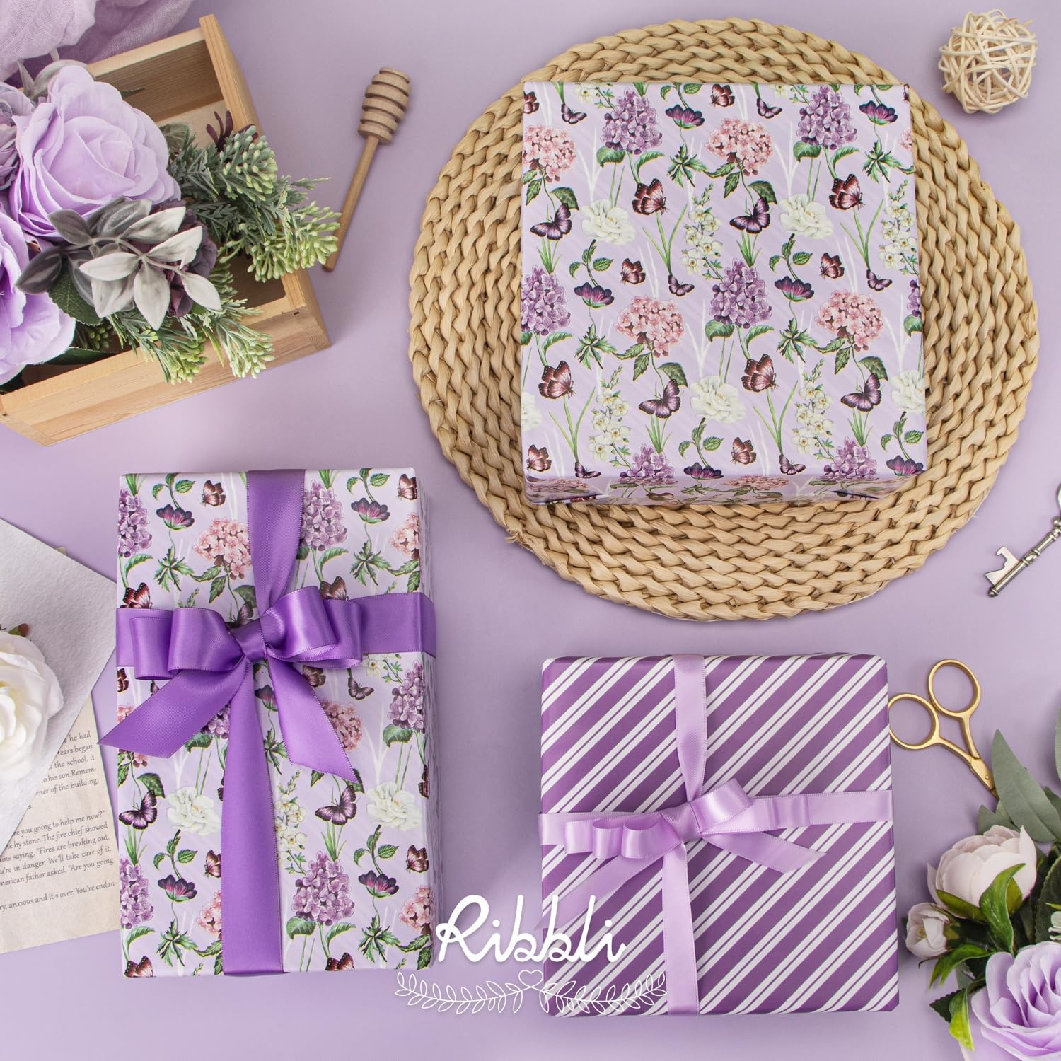 Ribbli Blue Floral Wrapping Paper Reversible Mini Roll, Gift Wrap for Wedding Bridal shower Birthday Mothers Day Women Girls Anniversary, 17 Inch x 33 Feet – Dusty Blue(Purple)