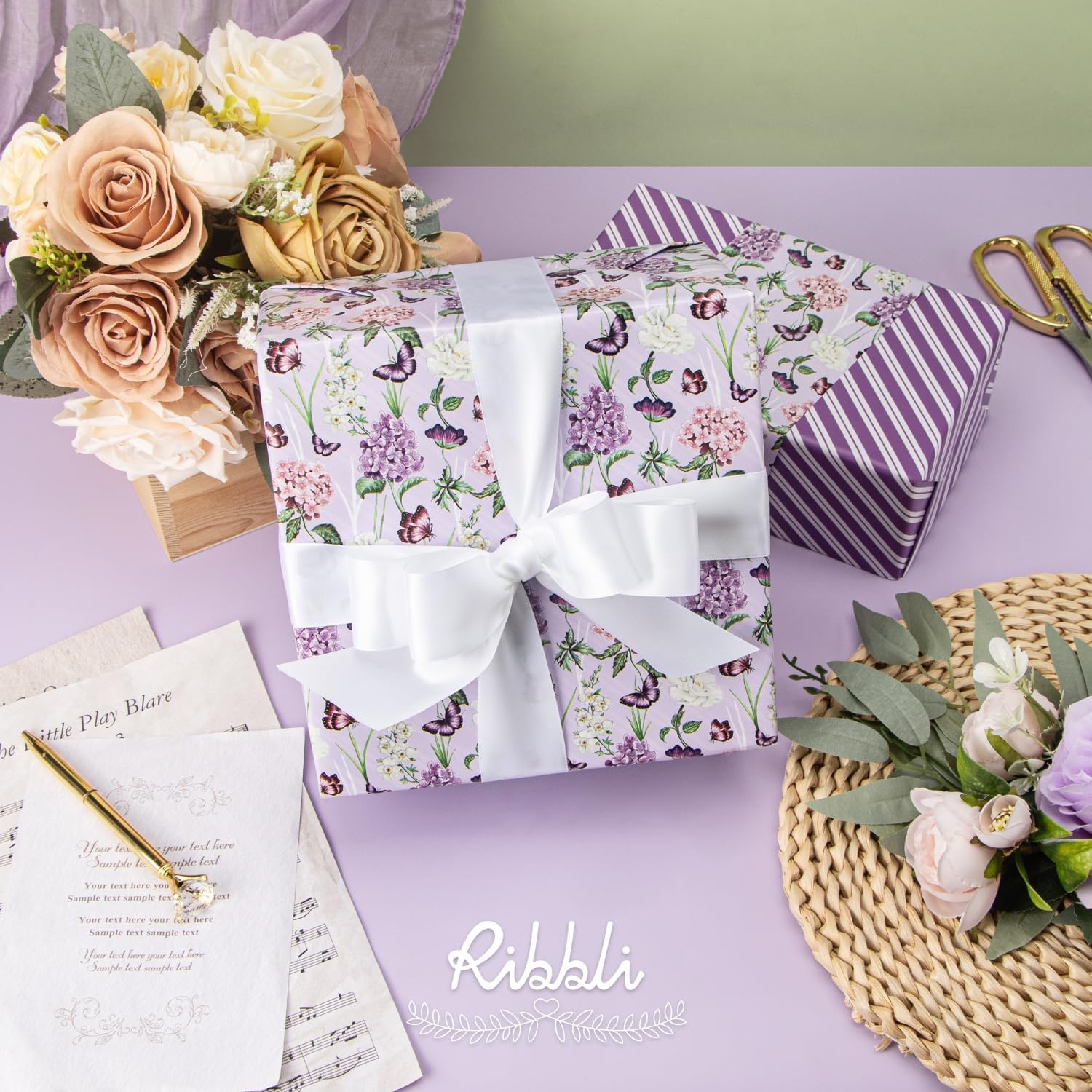 Ribbli Blue Floral Wrapping Paper Reversible Mini Roll, Gift Wrap for Wedding Bridal shower Birthday Mothers Day Women Girls Anniversary, 17 Inch x 33 Feet – Dusty Blue(Purple)