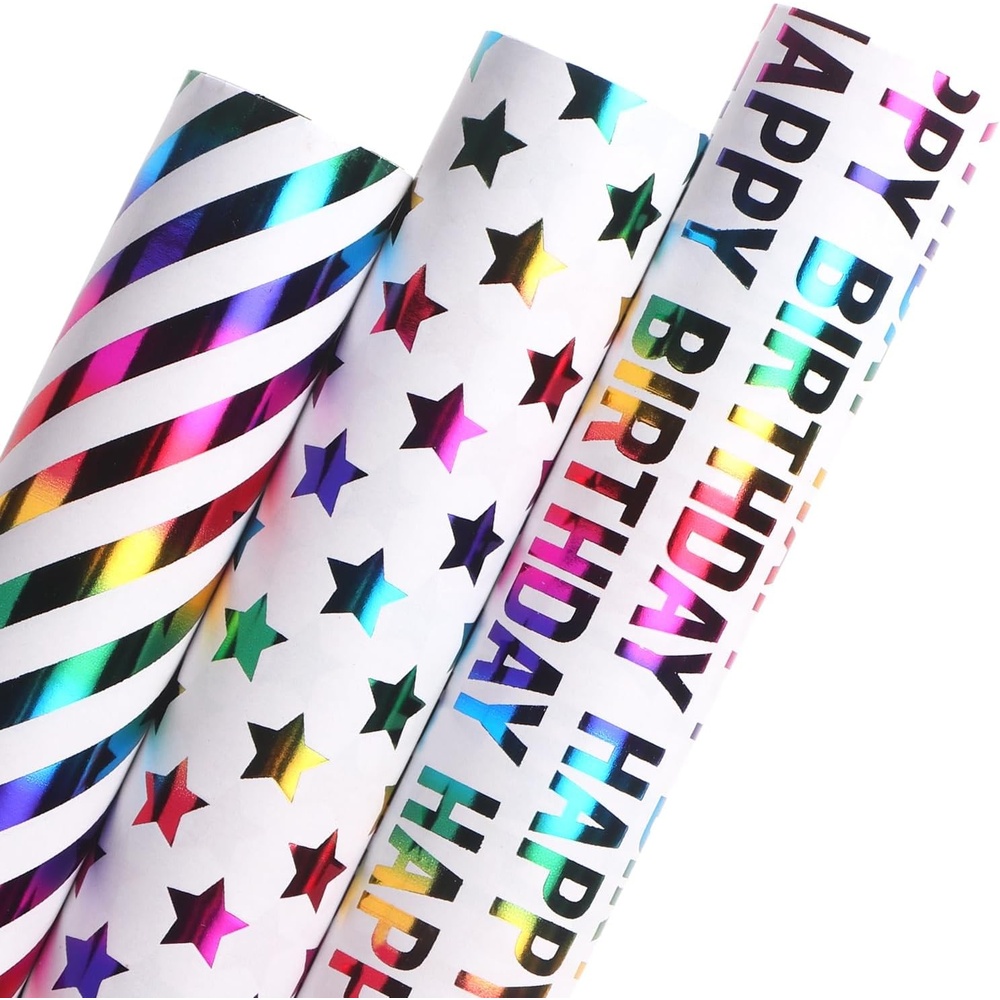 Ribbli Birthday Wrapping Paper Iridescent Gift Wrap Mini Roll, 3 Rolls Happy Birthday Heart Stripes Printed for Girls Kids – 17 inch x 120 inch(10feet) Per Roll(Colorful Star)