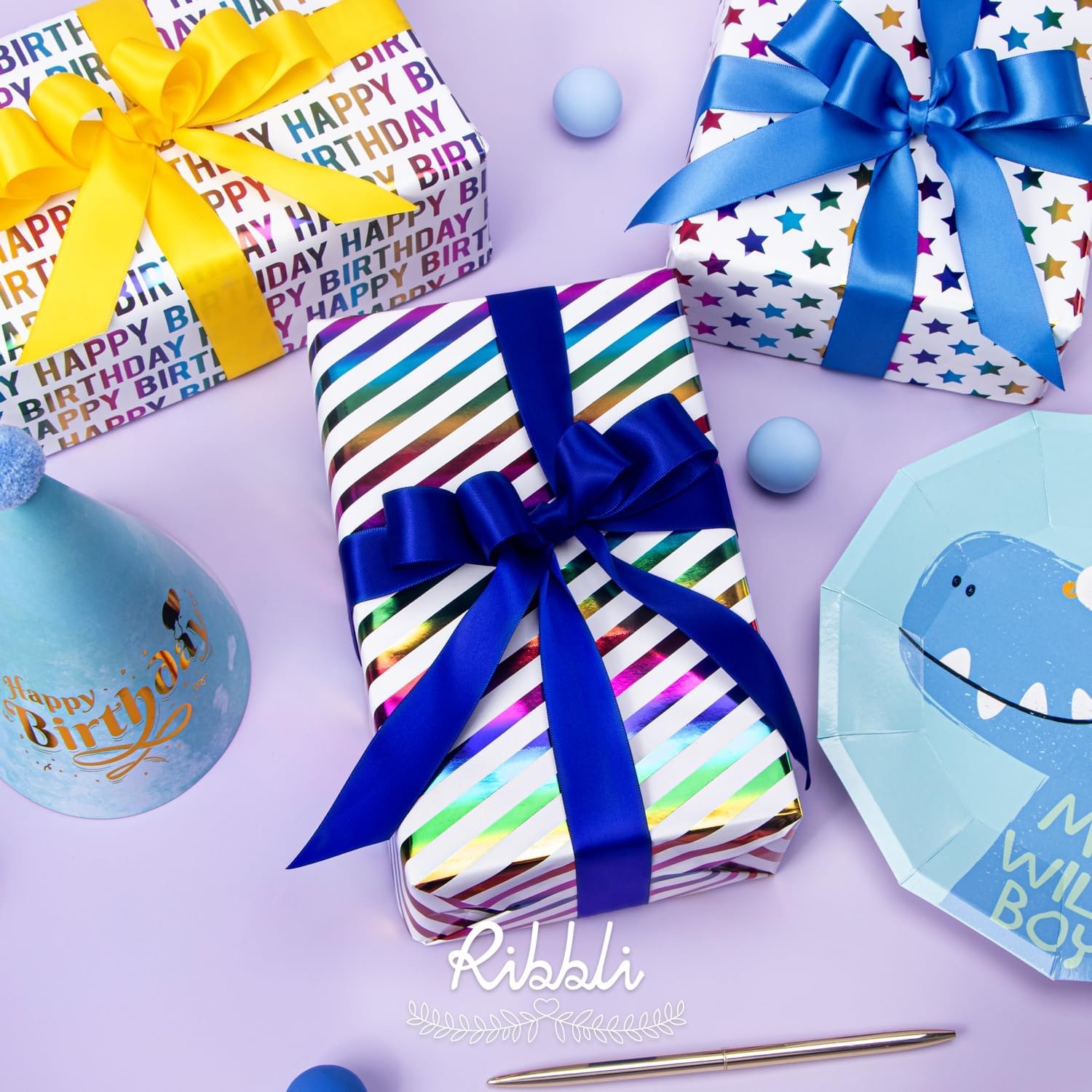 Ribbli Birthday Wrapping Paper Iridescent Gift Wrap Mini Roll, 3 Rolls Happy Birthday Heart Stripes Printed for Girls Kids – 17 inch x 120 inch(10feet) Per Roll(Colorful Star)
