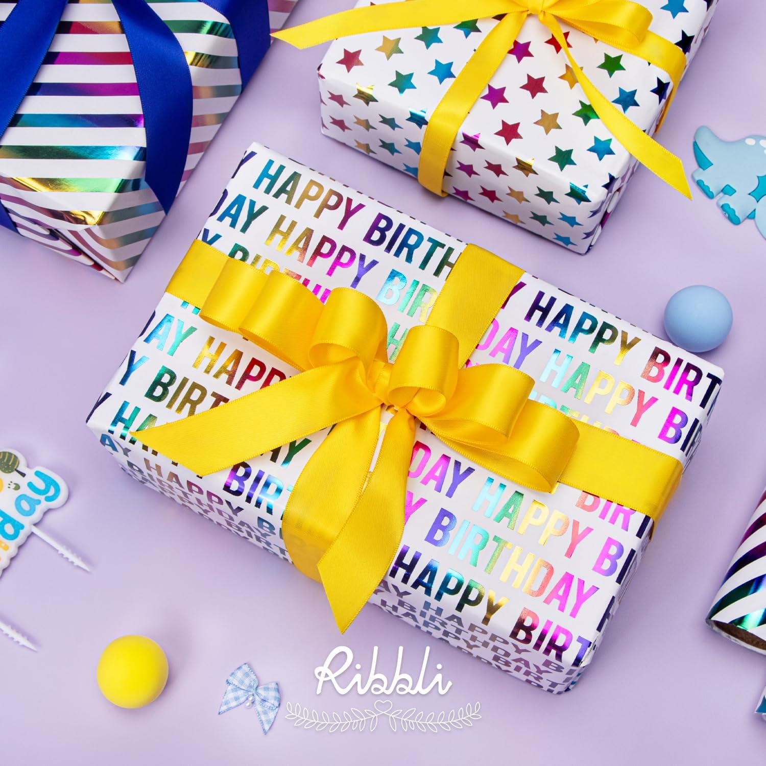 Ribbli Birthday Wrapping Paper Iridescent Gift Wrap Mini Roll, 3 Rolls Happy Birthday Heart Stripes Printed for Girls Kids – 17 inch x 120 inch(10feet) Per Roll(Colorful Star)