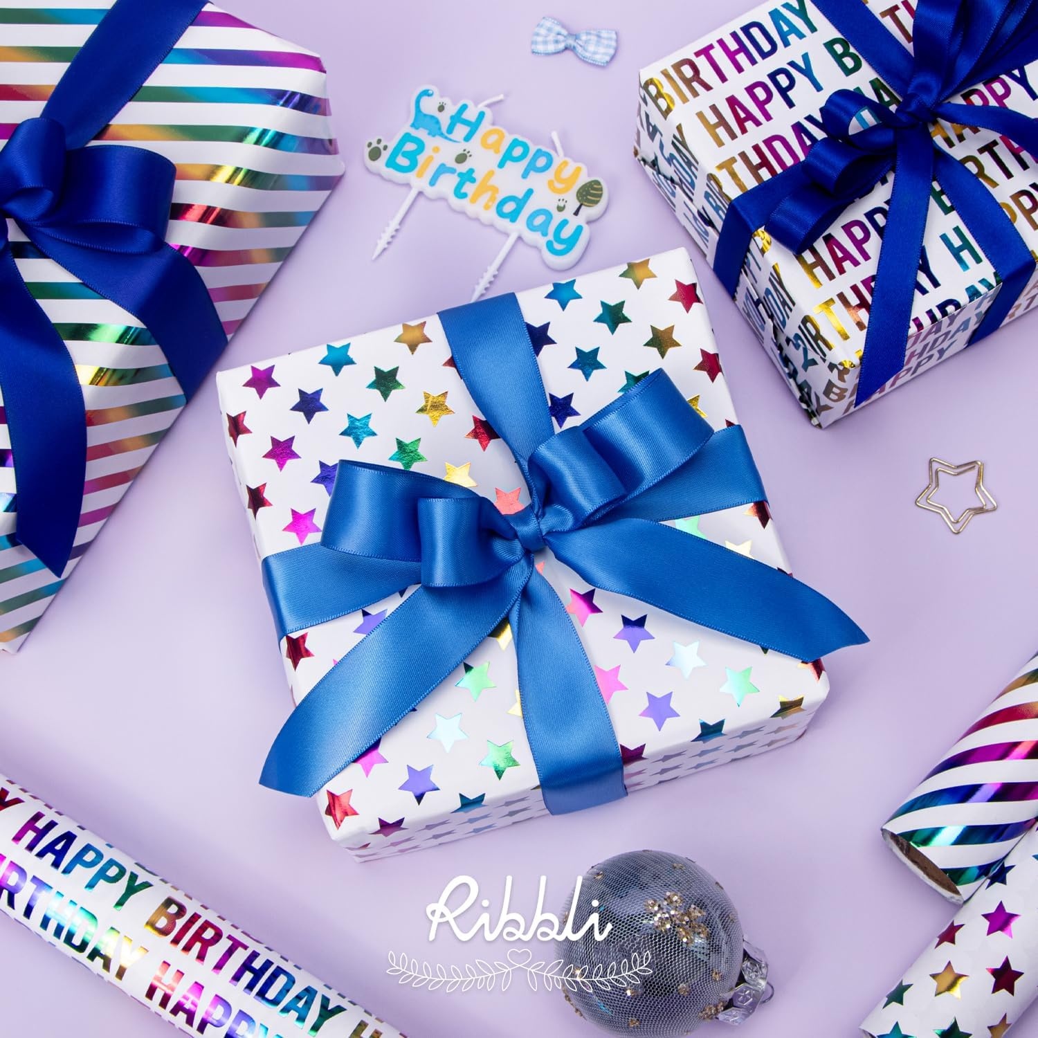 Ribbli Birthday Wrapping Paper Iridescent Gift Wrap Mini Roll, 3 Rolls Happy Birthday Heart Stripes Printed for Girls Kids – 17 inch x 120 inch(10feet) Per Roll(Colorful Star)