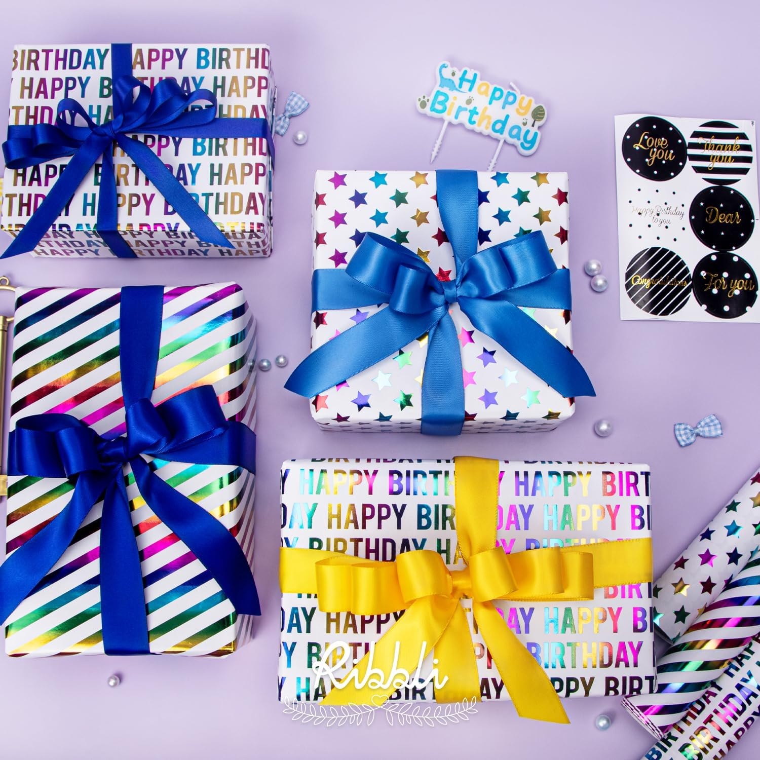 Ribbli Birthday Wrapping Paper Iridescent Gift Wrap Mini Roll, 3 Rolls Happy Birthday Heart Stripes Printed for Girls Kids – 17 inch x 120 inch(10feet) Per Roll(Colorful Star)