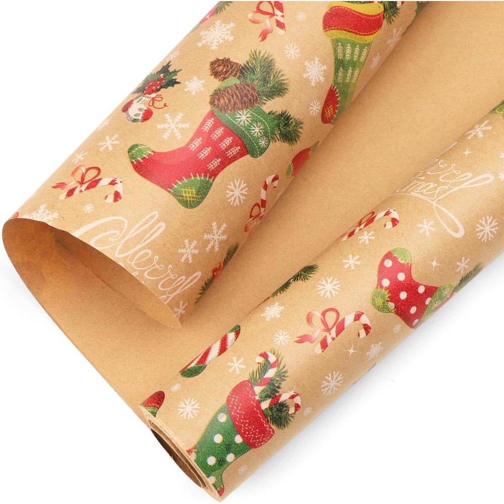 Ribbli Christmas Wrapping Paper Christmas Tree with Gold Foil Brown Kraft Gift Wrapping Paper Rolls-17 Inch x 33 Feet Per roll(Brown/Red/Green)