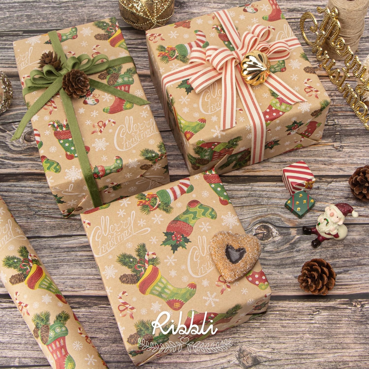 Ribbli Christmas Wrapping Paper Christmas Tree with Gold Foil Brown Kraft Gift Wrapping Paper Rolls-17 Inch x 33 Feet Per roll(Brown/Red/Green)