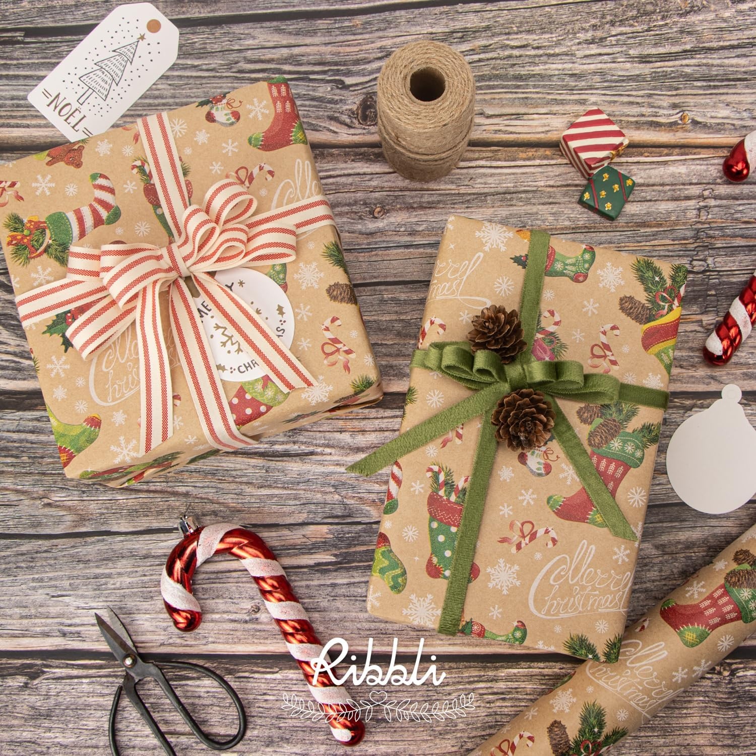 Ribbli Christmas Wrapping Paper Christmas Tree with Gold Foil Brown Kraft Gift Wrapping Paper Rolls-17 Inch x 33 Feet Per roll(Brown/Red/Green)