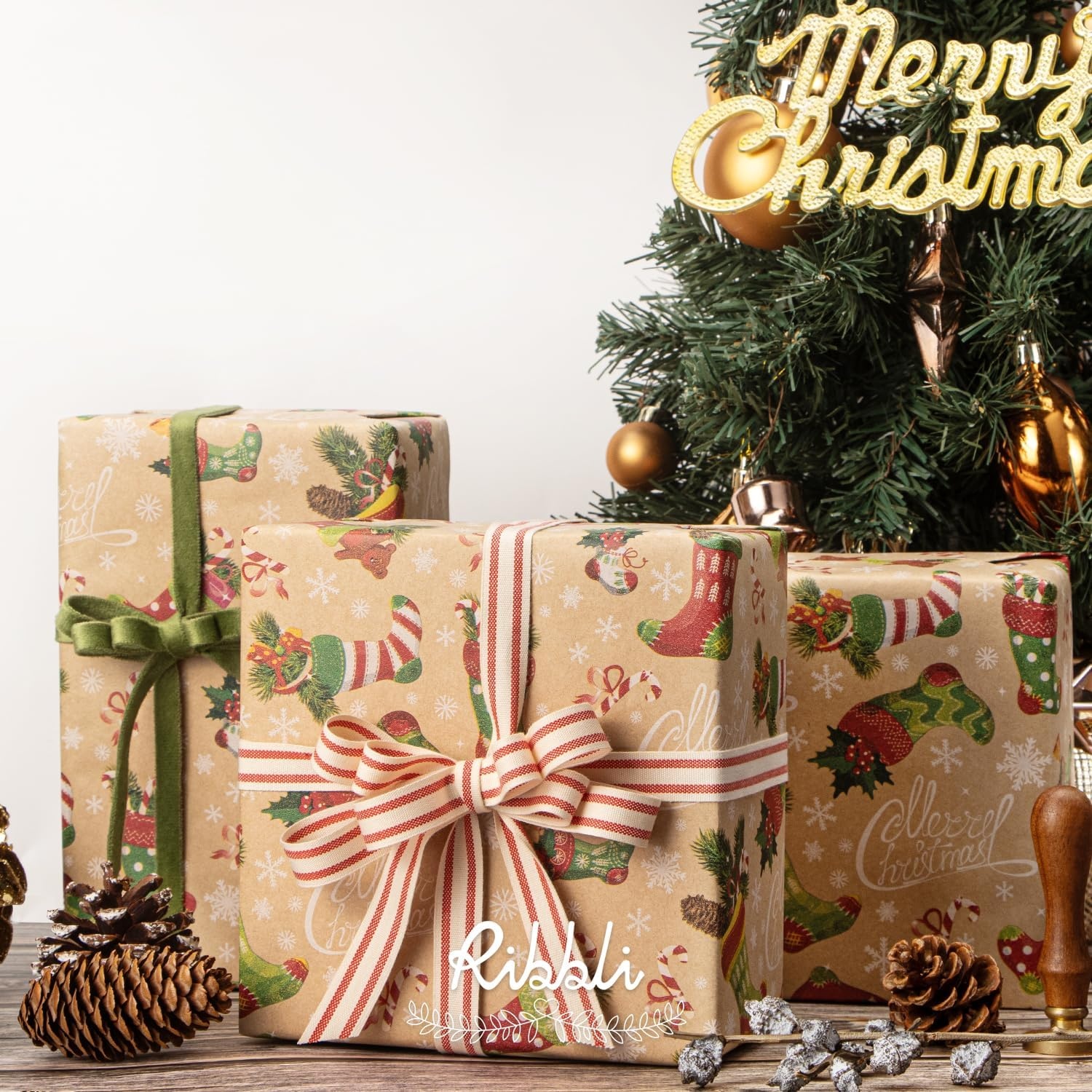 Ribbli Christmas Wrapping Paper Christmas Tree with Gold Foil Brown Kraft Gift Wrapping Paper Rolls-17 Inch x 33 Feet Per roll(Brown/Red/Green)
