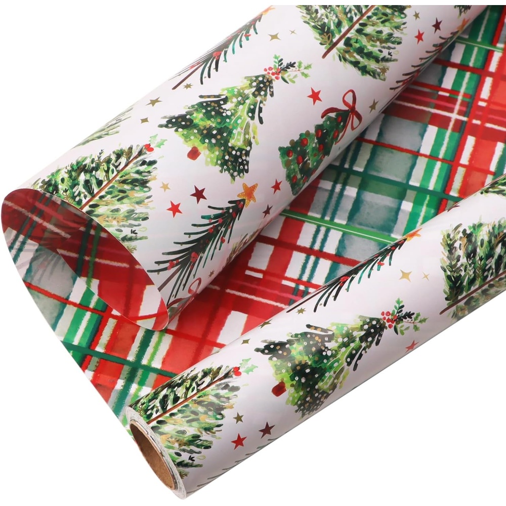 Ribbli Pink Christmas Wrapping Paper Mini Roll Metallic Foil Shine Santa Reindeer Candy Cane Gift Wrapping Paper, Mini Roll-17 Inch x 33 Feet(Christmas Tree/Plaid)