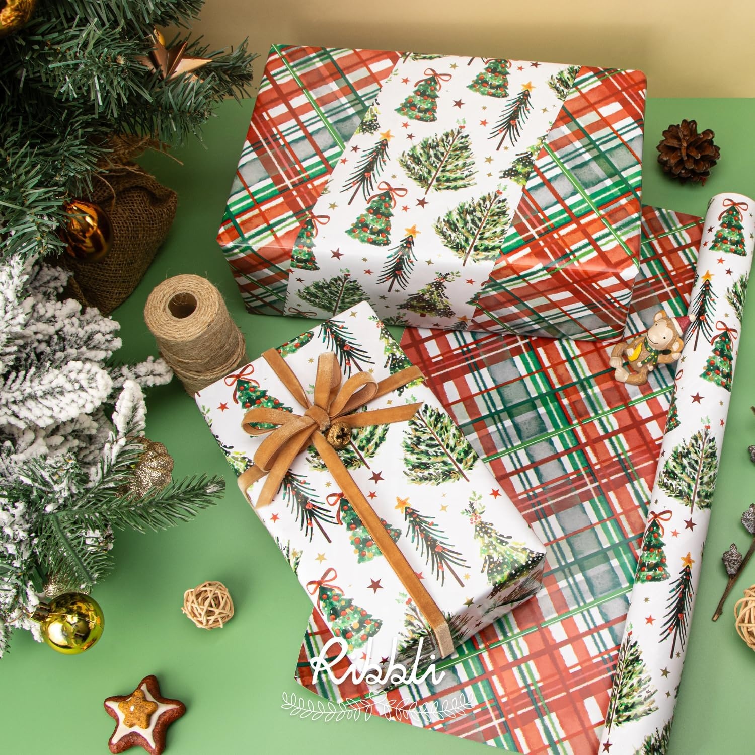 Ribbli Pink Christmas Wrapping Paper Mini Roll Metallic Foil Shine Santa Reindeer Candy Cane Gift Wrapping Paper, Mini Roll-17 Inch x 33 Feet(Christmas Tree/Plaid)