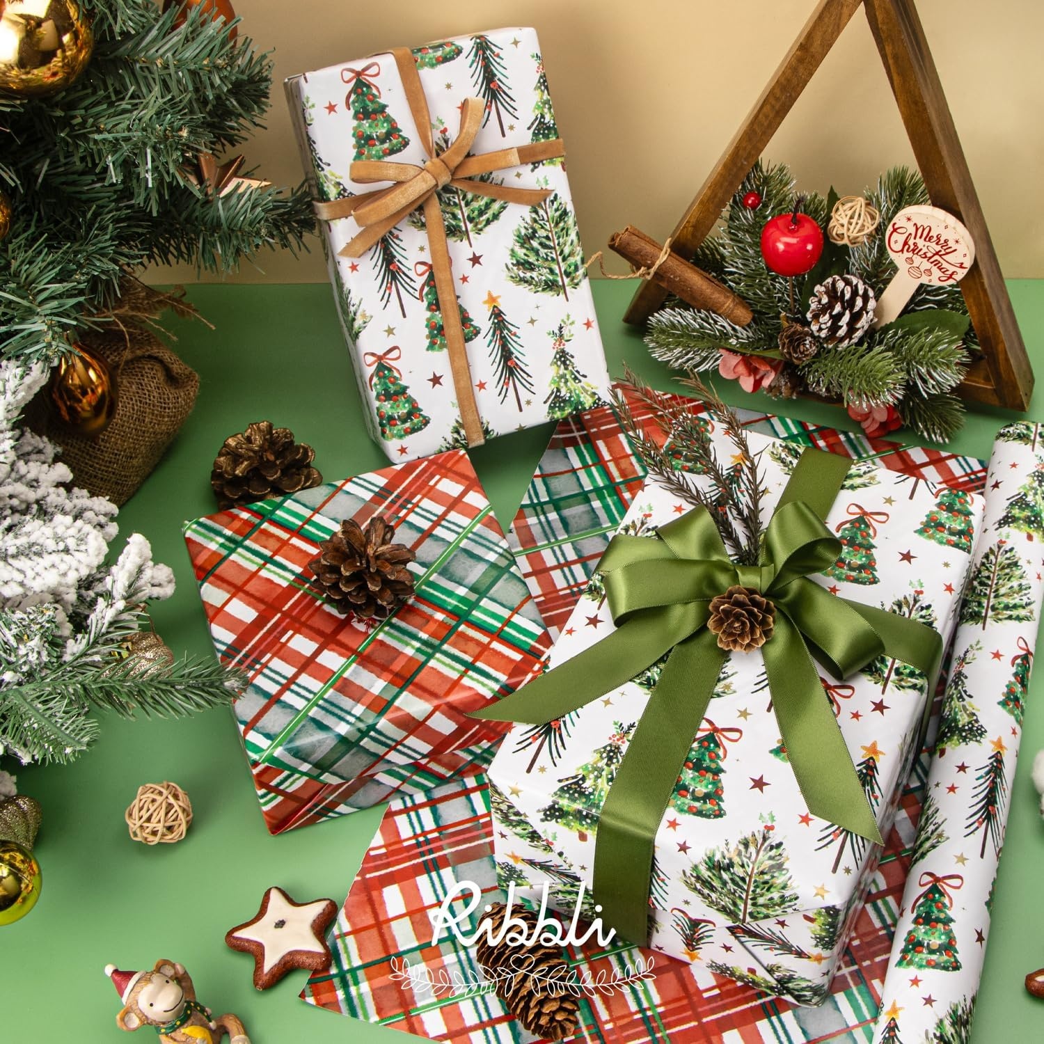 Ribbli Pink Christmas Wrapping Paper Mini Roll Metallic Foil Shine Santa Reindeer Candy Cane Gift Wrapping Paper, Mini Roll-17 Inch x 33 Feet(Christmas Tree/Plaid)