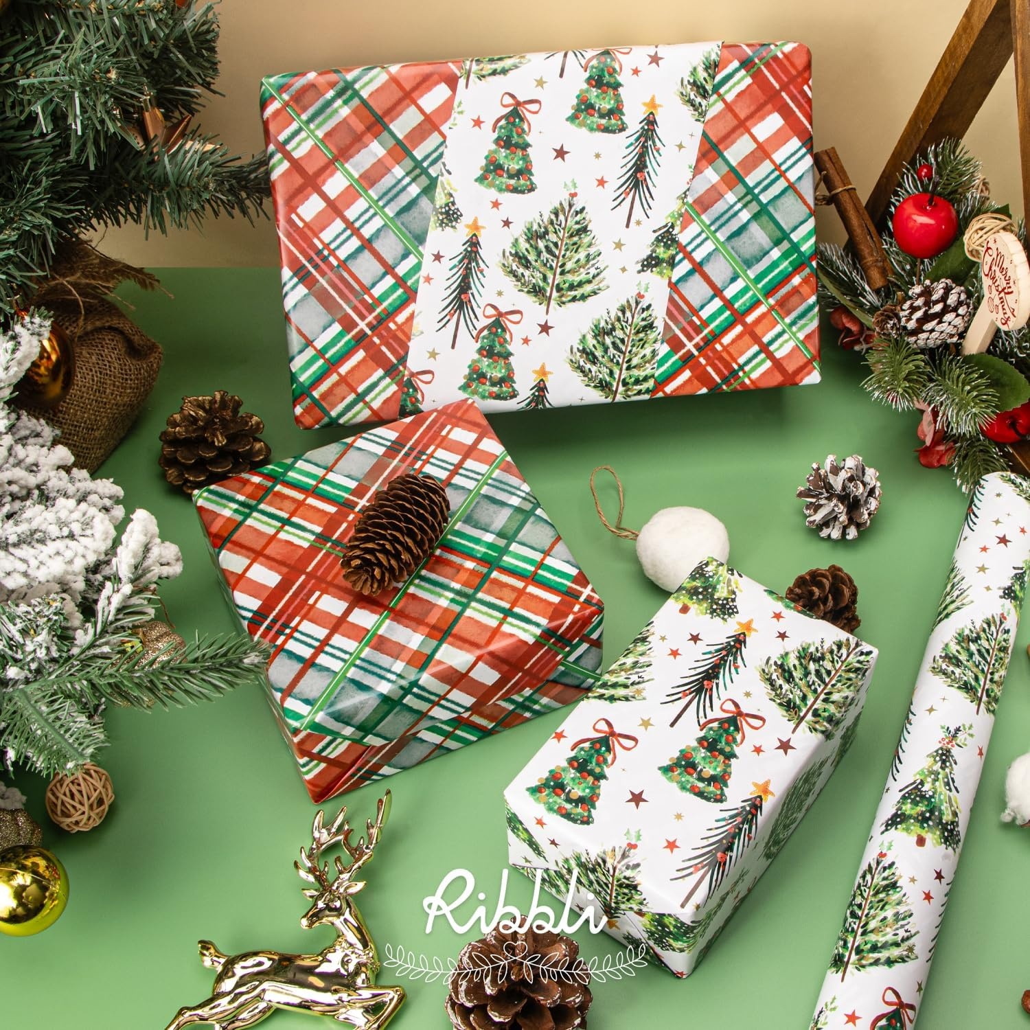Ribbli Pink Christmas Wrapping Paper Mini Roll Metallic Foil Shine Santa Reindeer Candy Cane Gift Wrapping Paper, Mini Roll-17 Inch x 33 Feet(Christmas Tree/Plaid)