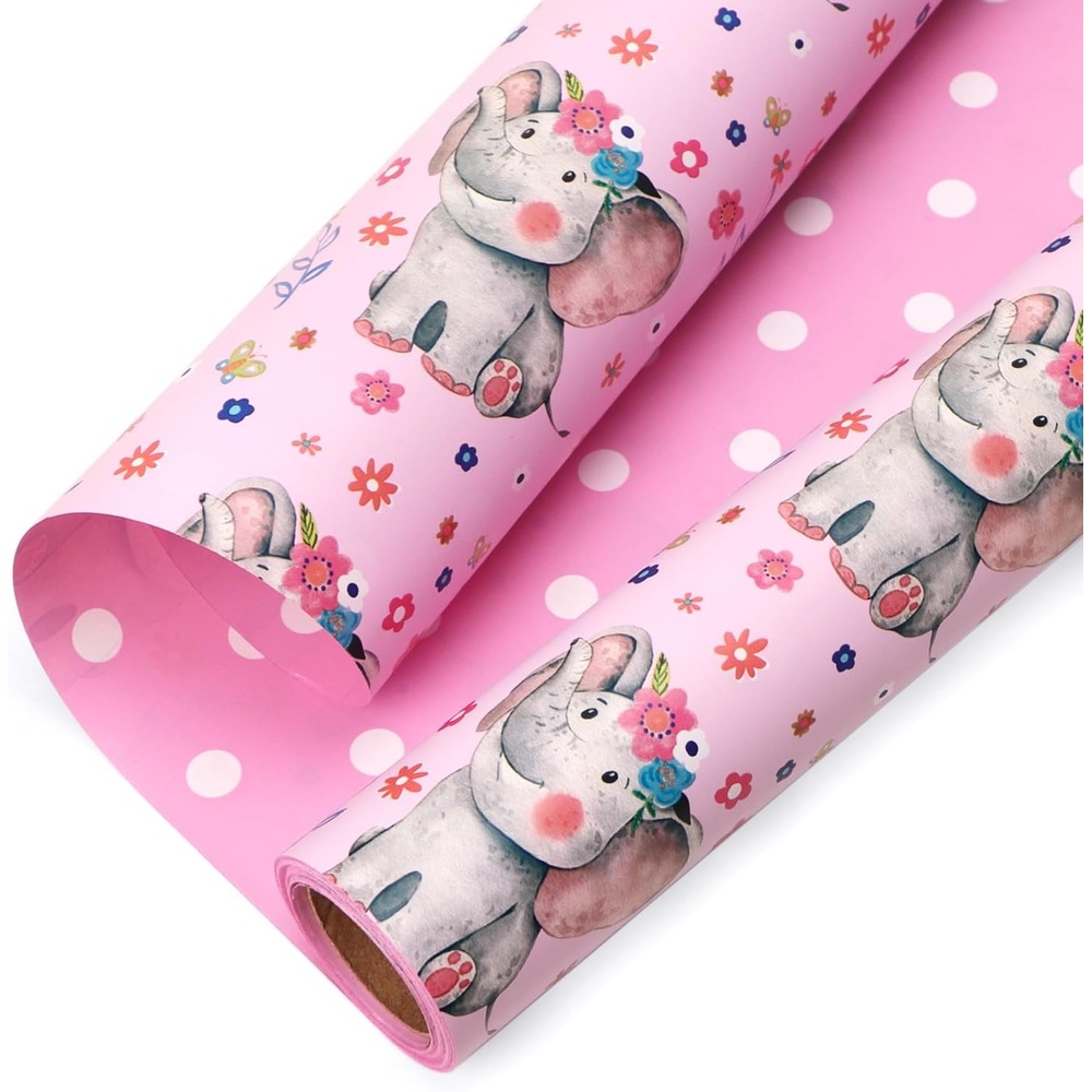 Ribbli Baby Shower Wrapping Paper, Blue Elephant with Gray Polk Dots Paper for Boy Kids Birthday Party – 17 Inch x 394 Inch (33Feet)(Baby Pink/Pink)