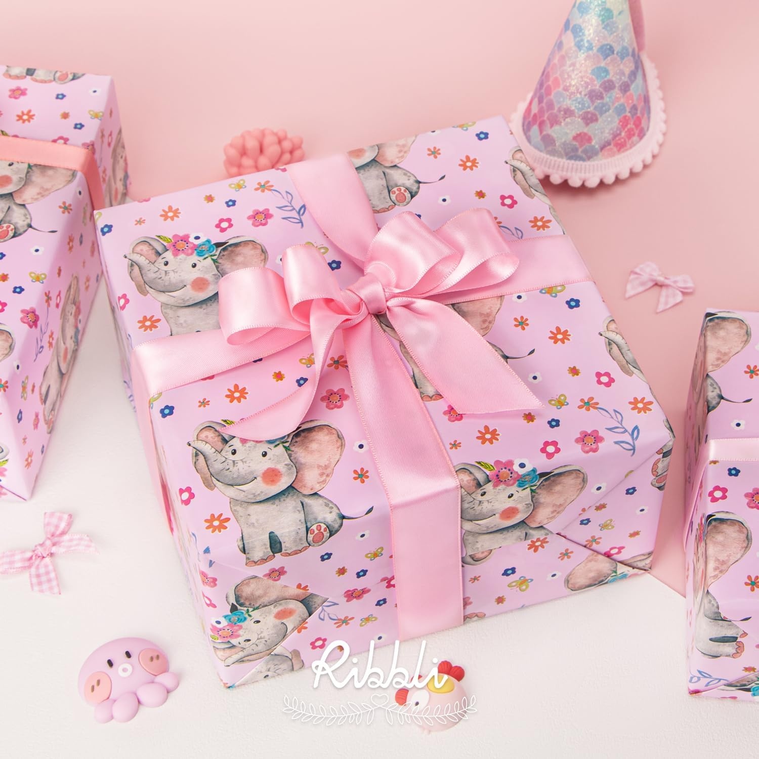 Ribbli Baby Shower Wrapping Paper, Blue Elephant with Gray Polk Dots Paper for Boy Kids Birthday Party – 17 Inch x 394 Inch (33Feet)(Baby Pink/Pink)