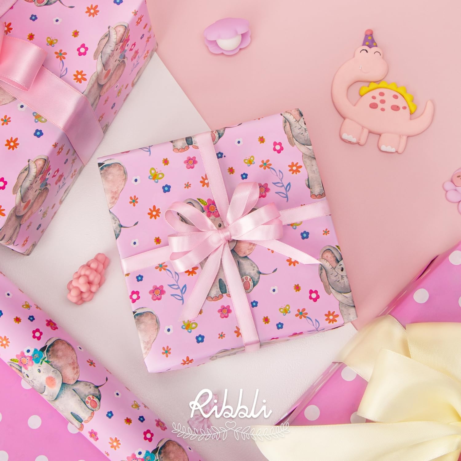 Ribbli Baby Shower Wrapping Paper, Blue Elephant with Gray Polk Dots Paper for Boy Kids Birthday Party – 17 Inch x 394 Inch (33Feet)(Baby Pink/Pink)