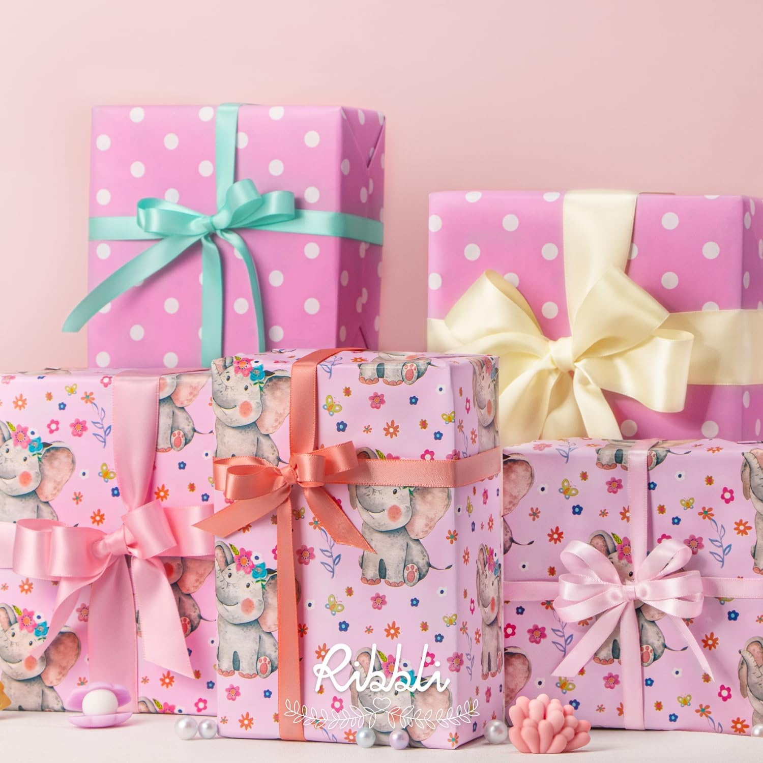 Ribbli Baby Shower Wrapping Paper, Blue Elephant with Gray Polk Dots Paper for Boy Kids Birthday Party – 17 Inch x 394 Inch (33Feet)(Baby Pink/Pink)