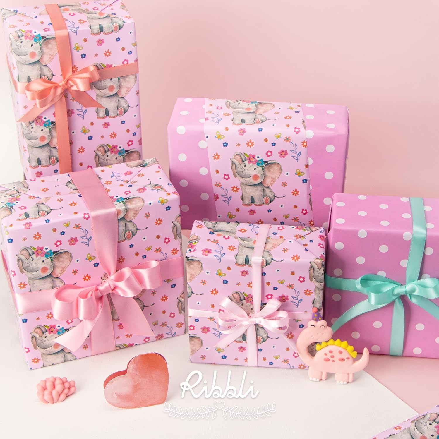 Ribbli Baby Shower Wrapping Paper, Blue Elephant with Gray Polk Dots Paper for Boy Kids Birthday Party – 17 Inch x 394 Inch (33Feet)(Baby Pink/Pink)