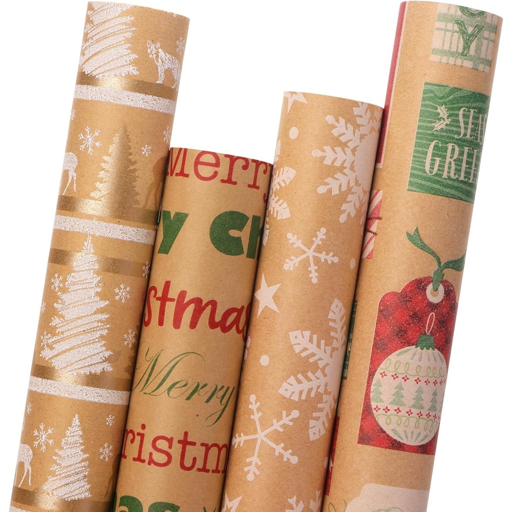 Ribbli Christmas Wrapping Paper, 4 Rolls Vintage Kraft Wrapping paper, 17 Inch x 10 Feet Per Roll, Snowflakes Christmas Tree Gift Box Printed Assortment(Brown/Red/Green/White)