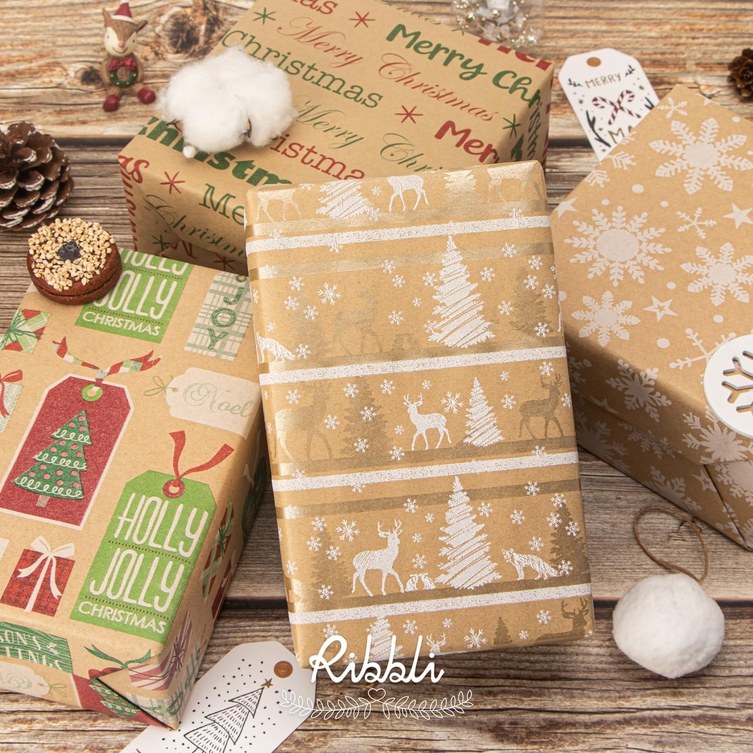 Ribbli Christmas Wrapping Paper, 4 Rolls Vintage Kraft Wrapping paper, 17 Inch x 10 Feet Per Roll, Snowflakes Christmas Tree Gift Box Printed Assortment(Brown/Red/Green/White)