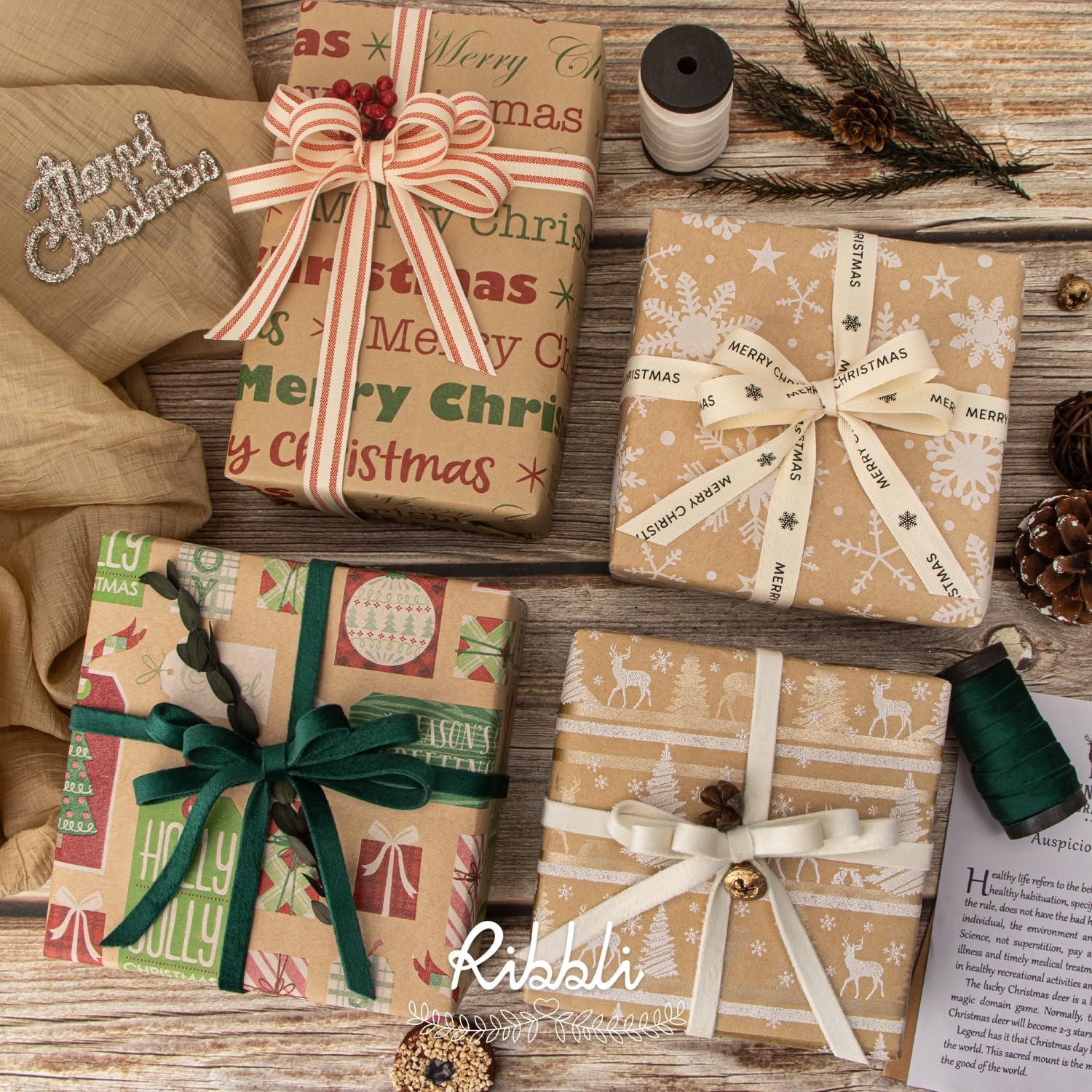 Ribbli Christmas Wrapping Paper, 4 Rolls Vintage Kraft Wrapping paper, 17 Inch x 10 Feet Per Roll, Snowflakes Christmas Tree Gift Box Printed Assortment(Brown/Red/Green/White)