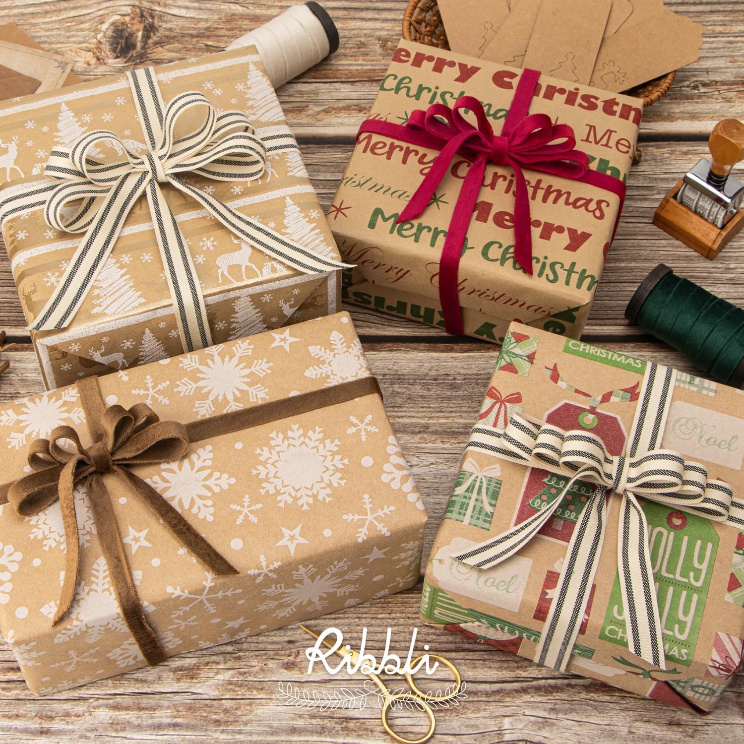 Ribbli Christmas Wrapping Paper, 4 Rolls Vintage Kraft Wrapping paper, 17 Inch x 10 Feet Per Roll, Snowflakes Christmas Tree Gift Box Printed Assortment(Brown/Red/Green/White)
