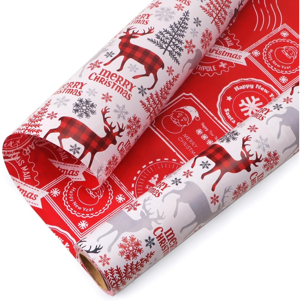Ribbli Christmas Wrapping Paper Rolls,Mini Roll-17 Inch x 33 Feet-Christmas Woods(Red/Grey)