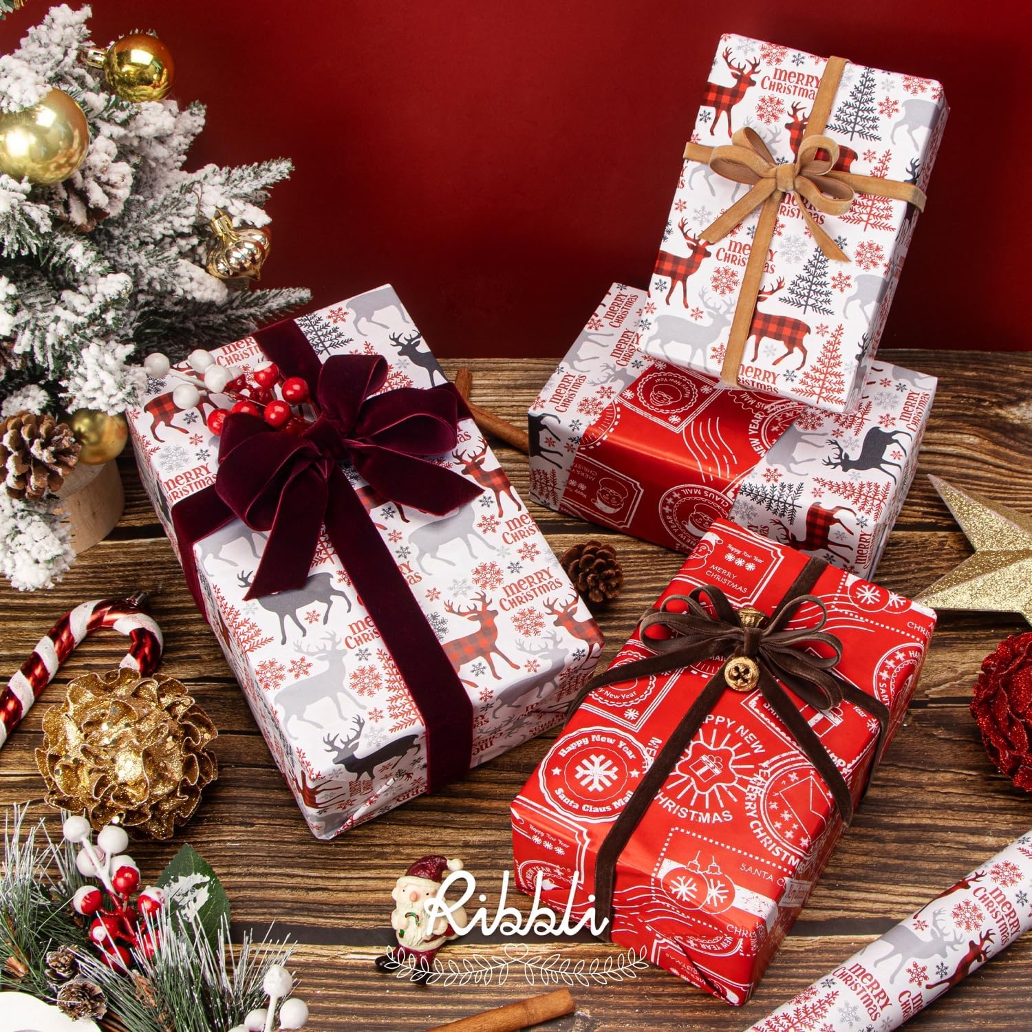 Ribbli Christmas Wrapping Paper Rolls,Mini Roll-17 Inch x 33 Feet-Christmas Woods(Red/Grey)