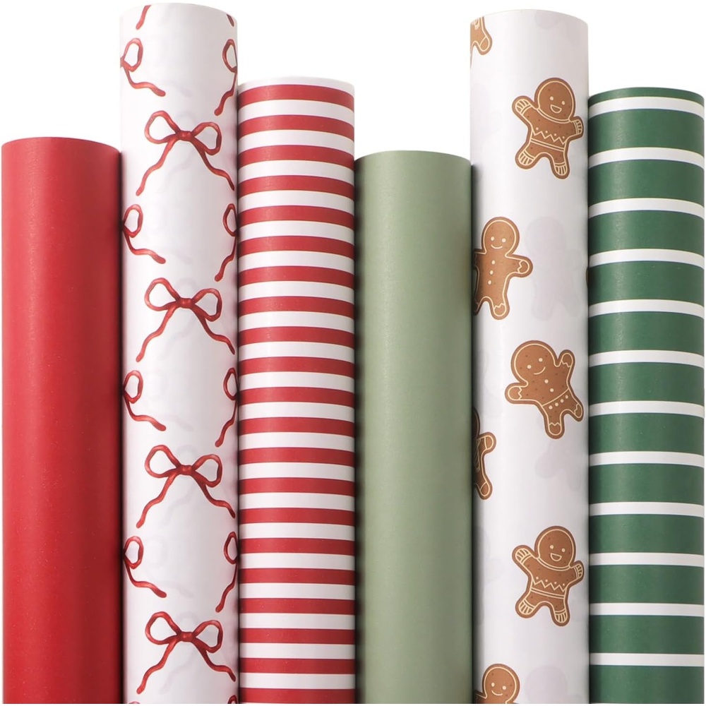 Ribbli Christmas Wrapping Paper – Kraft Paper with Snowflake/Tree/Red Stripe/Merry Christmas Pattern, 6 Rolls Red and Green Holiday Assortment – 30 inch x 10 feet Per Roll(White/Red/Green)