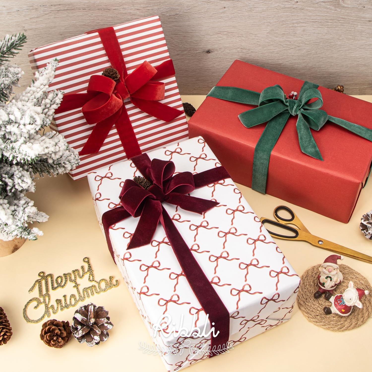 Ribbli Christmas Wrapping Paper – Kraft Paper with Snowflake/Tree/Red Stripe/Merry Christmas Pattern, 6 Rolls Red and Green Holiday Assortment – 30 inch x 10 feet Per Roll(White/Red/Green)