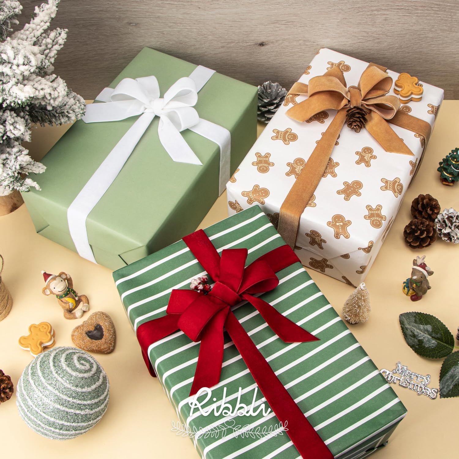 Ribbli Christmas Wrapping Paper – Kraft Paper with Snowflake/Tree/Red Stripe/Merry Christmas Pattern, 6 Rolls Red and Green Holiday Assortment – 30 inch x 10 feet Per Roll(White/Red/Green)