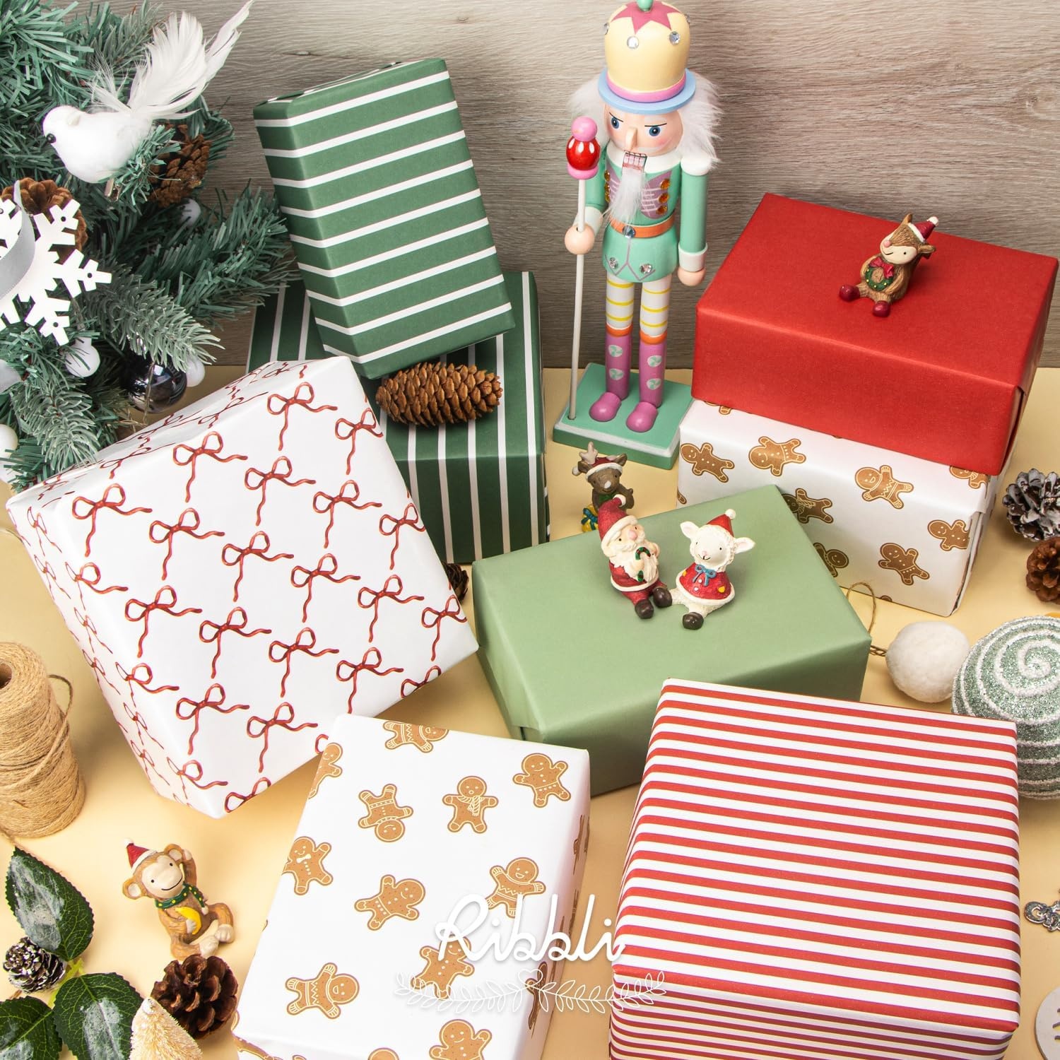 Ribbli Christmas Wrapping Paper – Kraft Paper with Snowflake/Tree/Red Stripe/Merry Christmas Pattern, 6 Rolls Red and Green Holiday Assortment – 30 inch x 10 feet Per Roll(White/Red/Green)