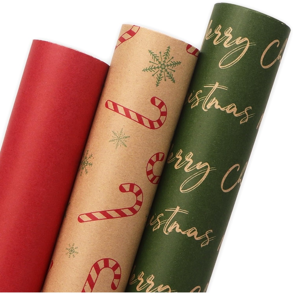 Ribbli Christmas Wrapping Paper Mini Roll Red Green Kraft Paper Merry Christmas Snowflakes Tree 3 Rolls Vintage Printed Assortment – 17 inch x 120 inch(10feet) Per Roll(Red/Brown/Green)