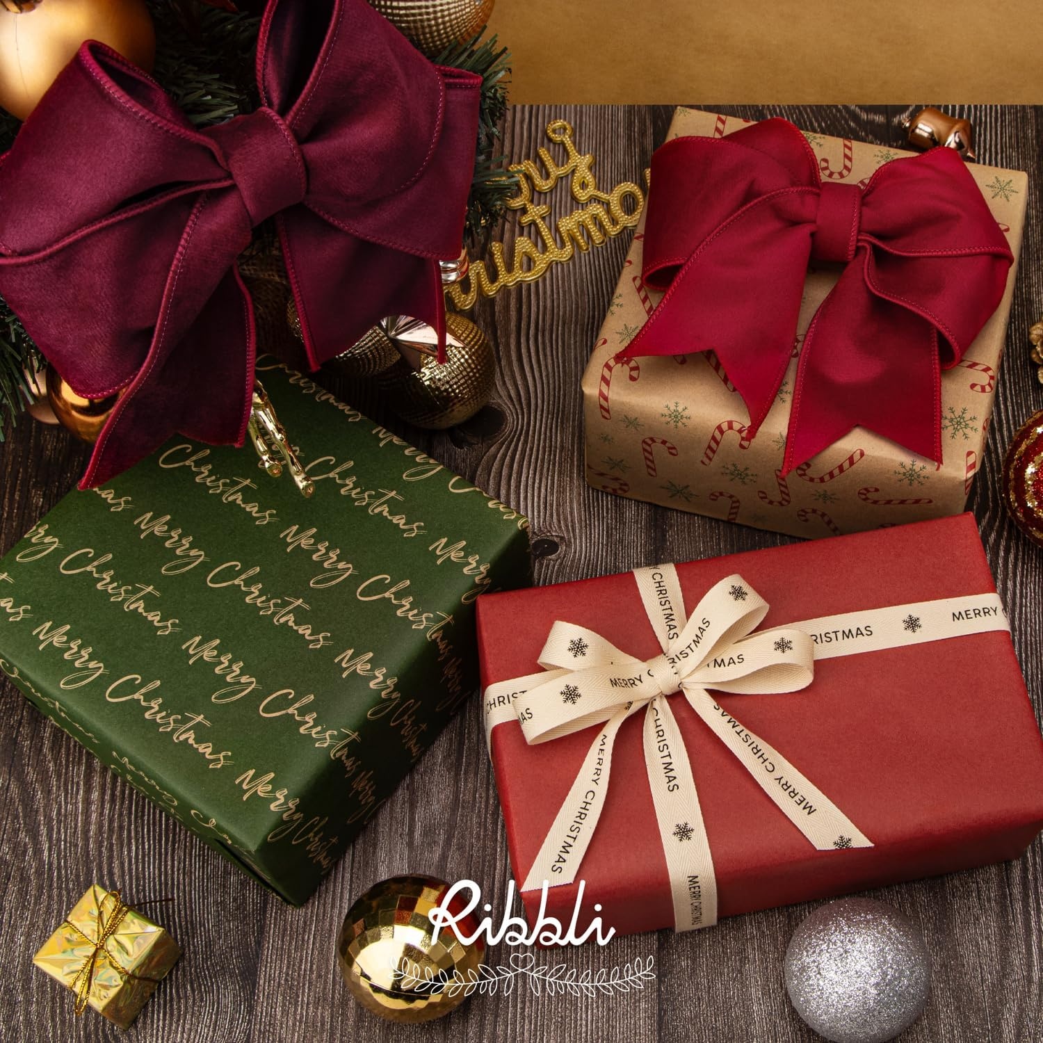 Ribbli Christmas Wrapping Paper Mini Roll Red Green Kraft Paper Merry Christmas Snowflakes Tree 3 Rolls Vintage Printed Assortment – 17 inch x 120 inch(10feet) Per Roll(Red/Brown/Green)