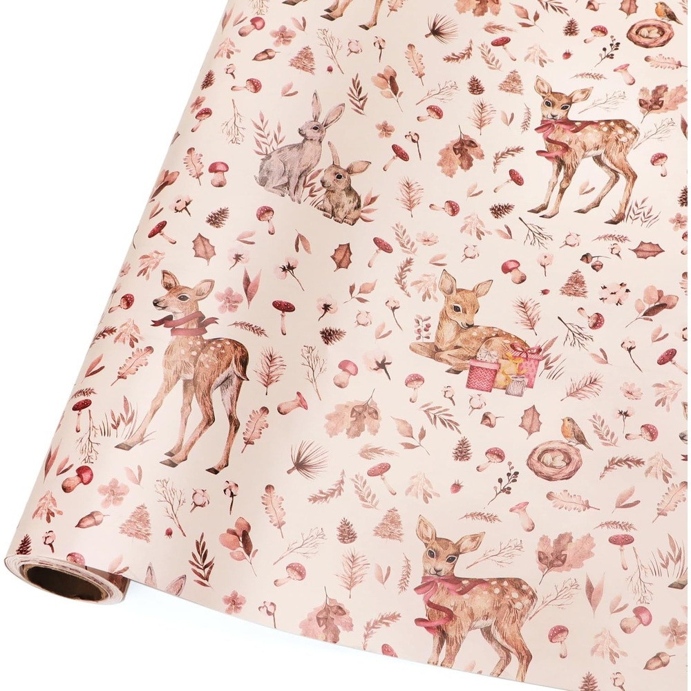Ribbli Christmas Wrapping Paper Rolls,Mini Roll-17 Inch x 33 Feet-Christmas Woods(Camel/Pink)