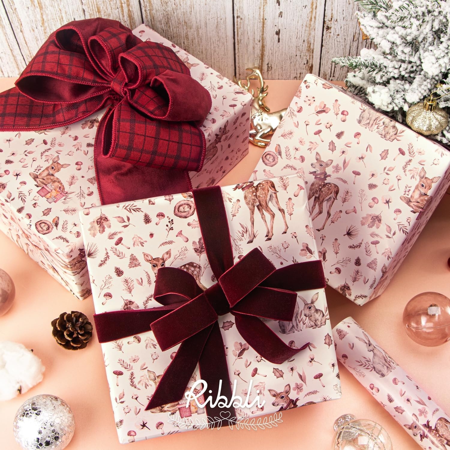 Ribbli Christmas Wrapping Paper Rolls,Mini Roll-17 Inch x 33 Feet-Christmas Woods(Camel/Pink)