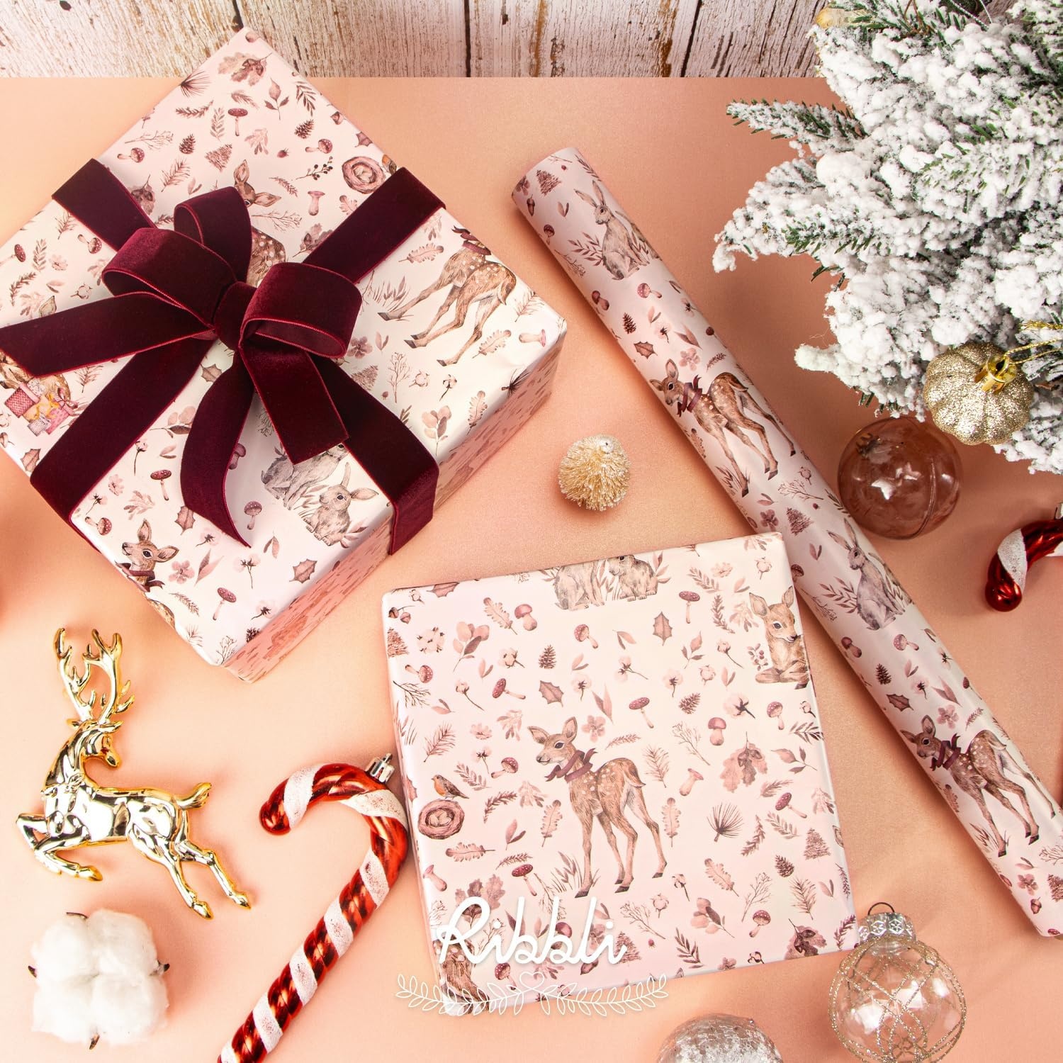 Ribbli Christmas Wrapping Paper Rolls,Mini Roll-17 Inch x 33 Feet-Christmas Woods(Camel/Pink)