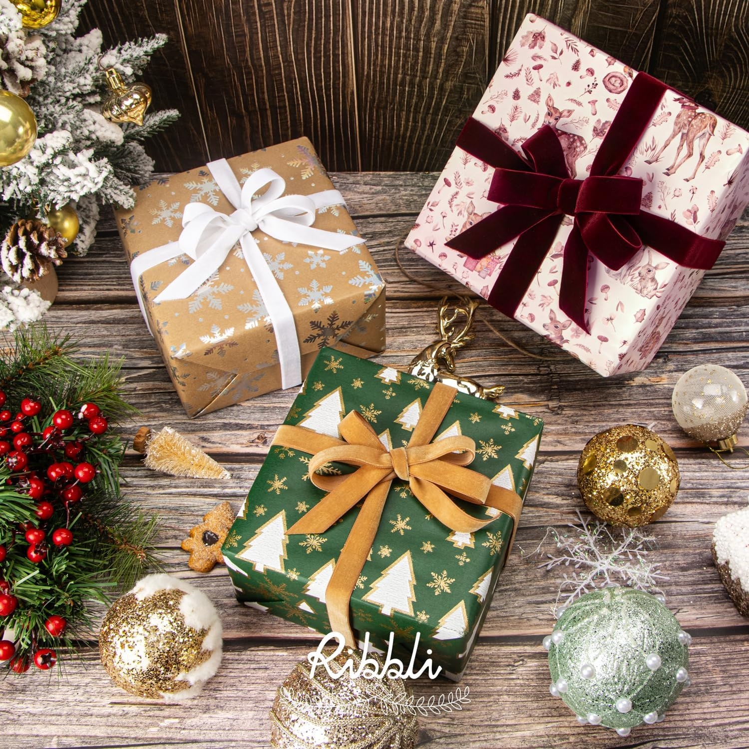 Ribbli Christmas Wrapping Paper Rolls,Mini Roll-17 Inch x 33 Feet-Christmas Woods(Camel/Pink)
