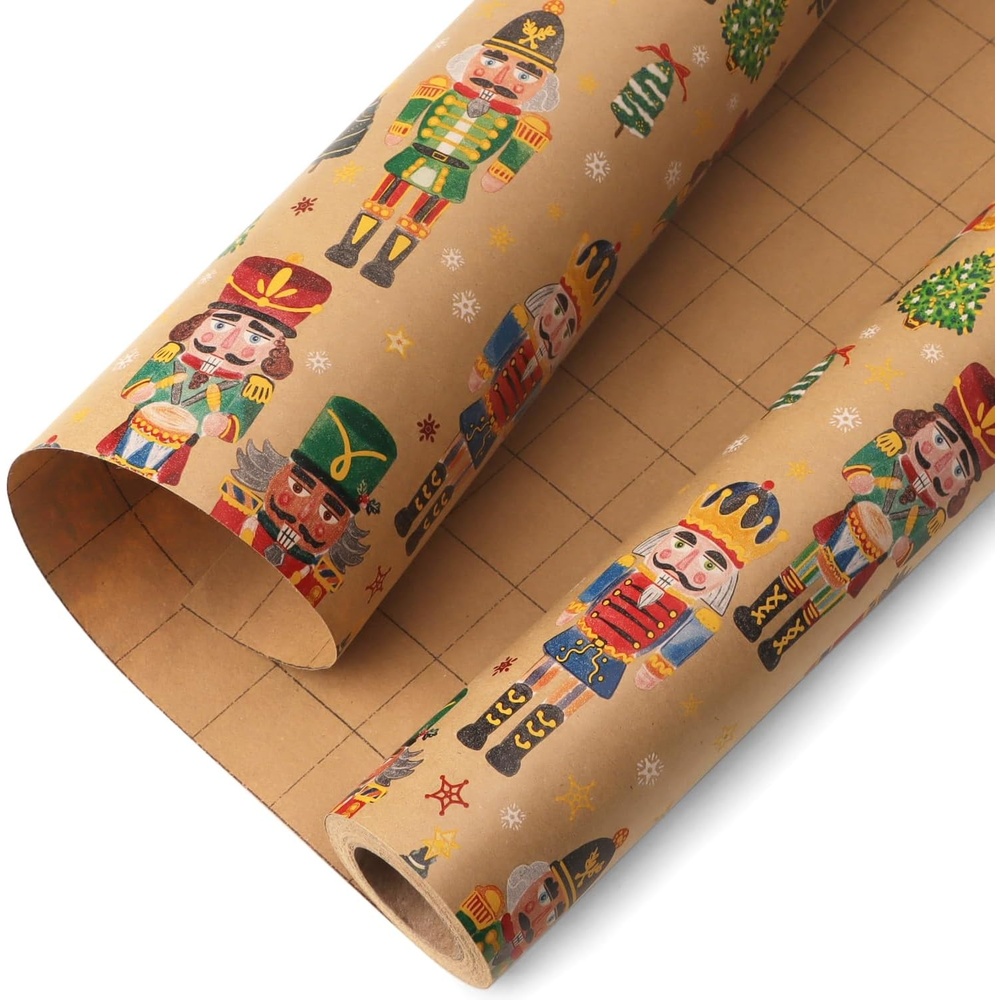 Ribbli Christmas Wrapping Paper Jumbo Roll Vintage Christmas Tree Kraft Gift Wrapping Paper Rolls 30 Inch x 33 Feet Per Roll for Holiday Presents Decoration(Brown/Colorful)