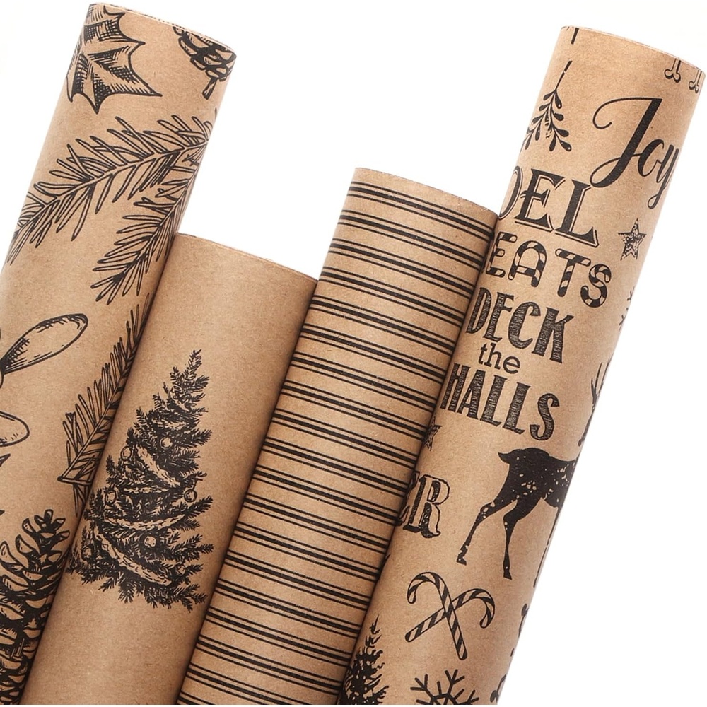 Ribbli Christmas Wrapping Paper, 4 Rolls Vintage Christmas Gift Wrapping Paper, Brown Kraft Paper with Black Pattern, 17 x120 inch(10ft) Per Roll