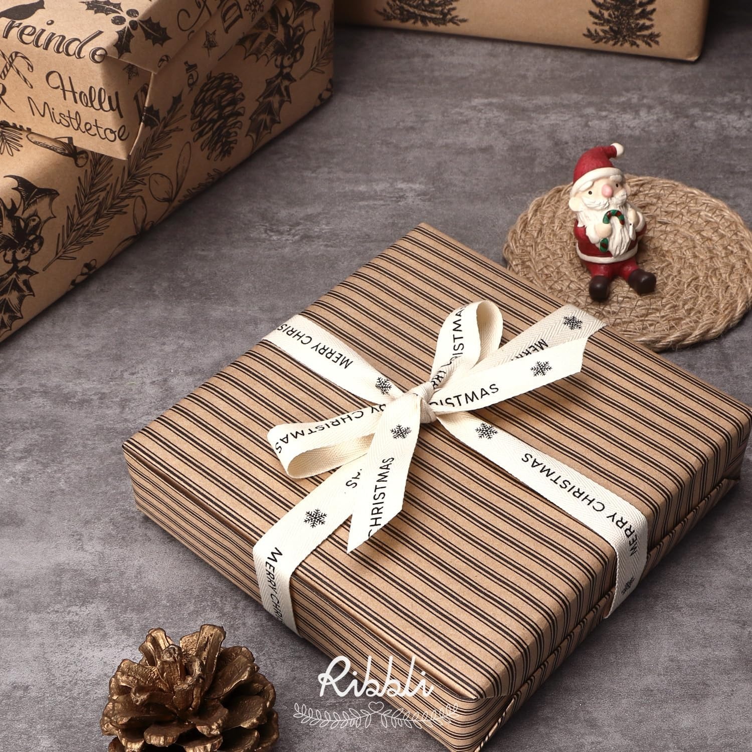 Ribbli Christmas Wrapping Paper, 4 Rolls Vintage Christmas Gift Wrapping Paper, Brown Kraft Paper with Black Pattern, 17 x120 inch(10ft) Per Roll