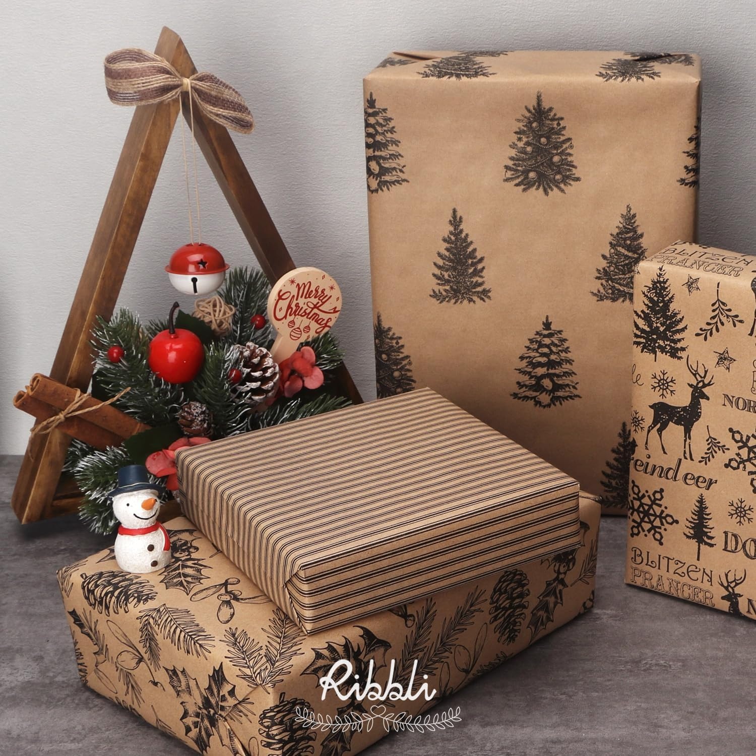 Ribbli Christmas Wrapping Paper, 4 Rolls Vintage Christmas Gift Wrapping Paper, Brown Kraft Paper with Black Pattern, 17 x120 inch(10ft) Per Roll