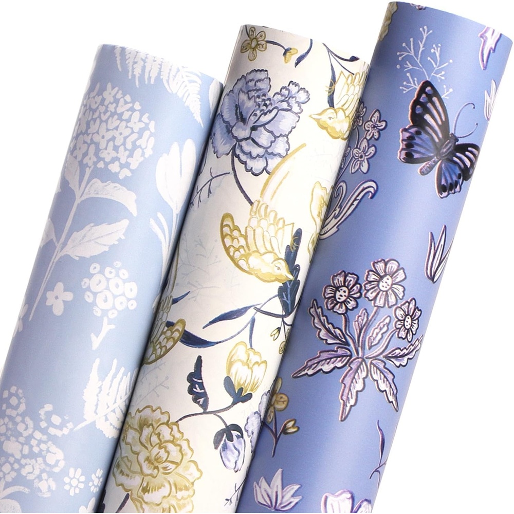 Ribbli Floral Wrapping Paper Mini Roll, 3 Rolls Dusty Blue Vintage Flower Gift Wrap for Mother’s Day Women Girl Friend Wedding – 17 inch x 120 inch(10feet) Per Roll(Dusty Blue)