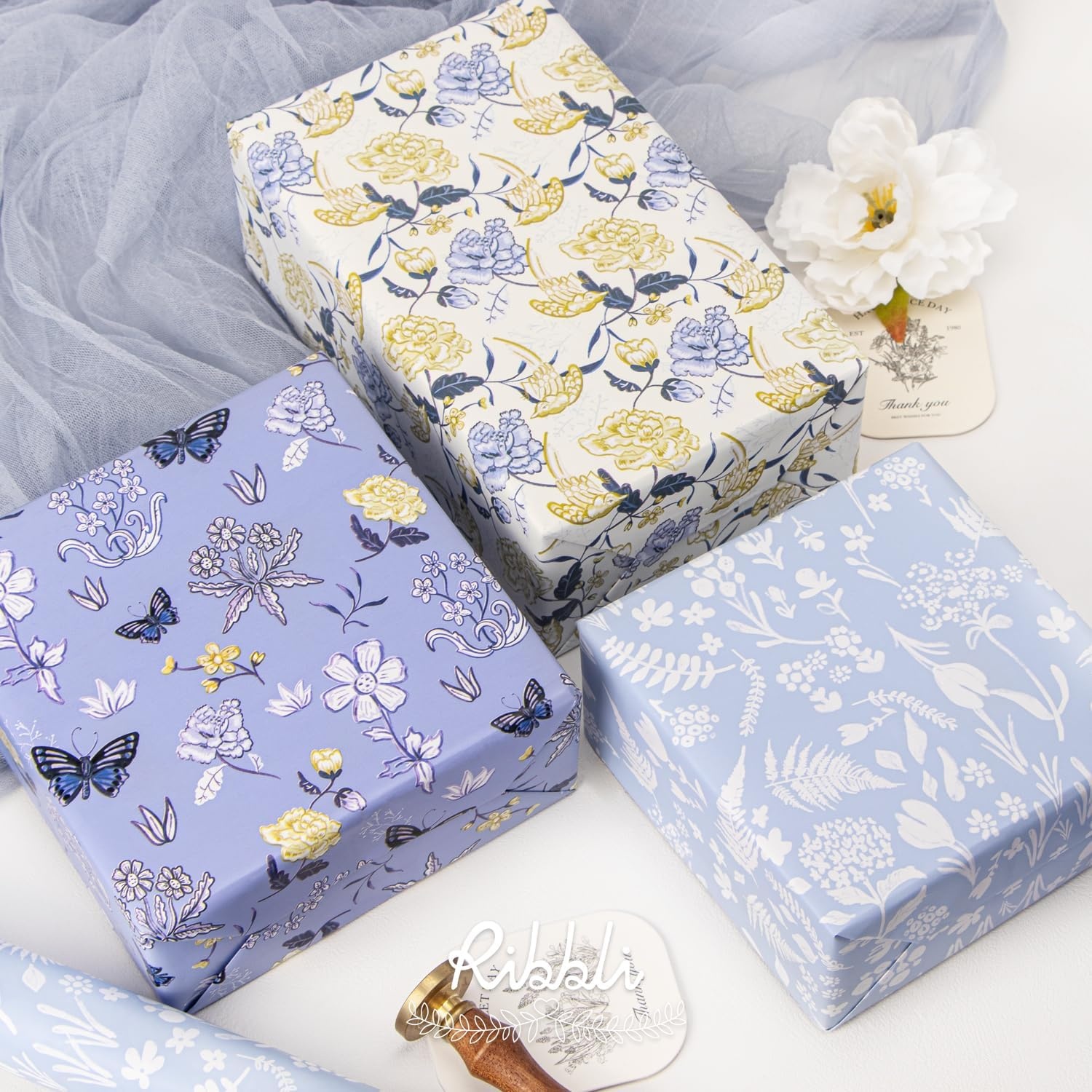 Ribbli Floral Wrapping Paper Mini Roll, 3 Rolls Dusty Blue Vintage Flower Gift Wrap for Mother’s Day Women Girl Friend Wedding – 17 inch x 120 inch(10feet) Per Roll(Dusty Blue)